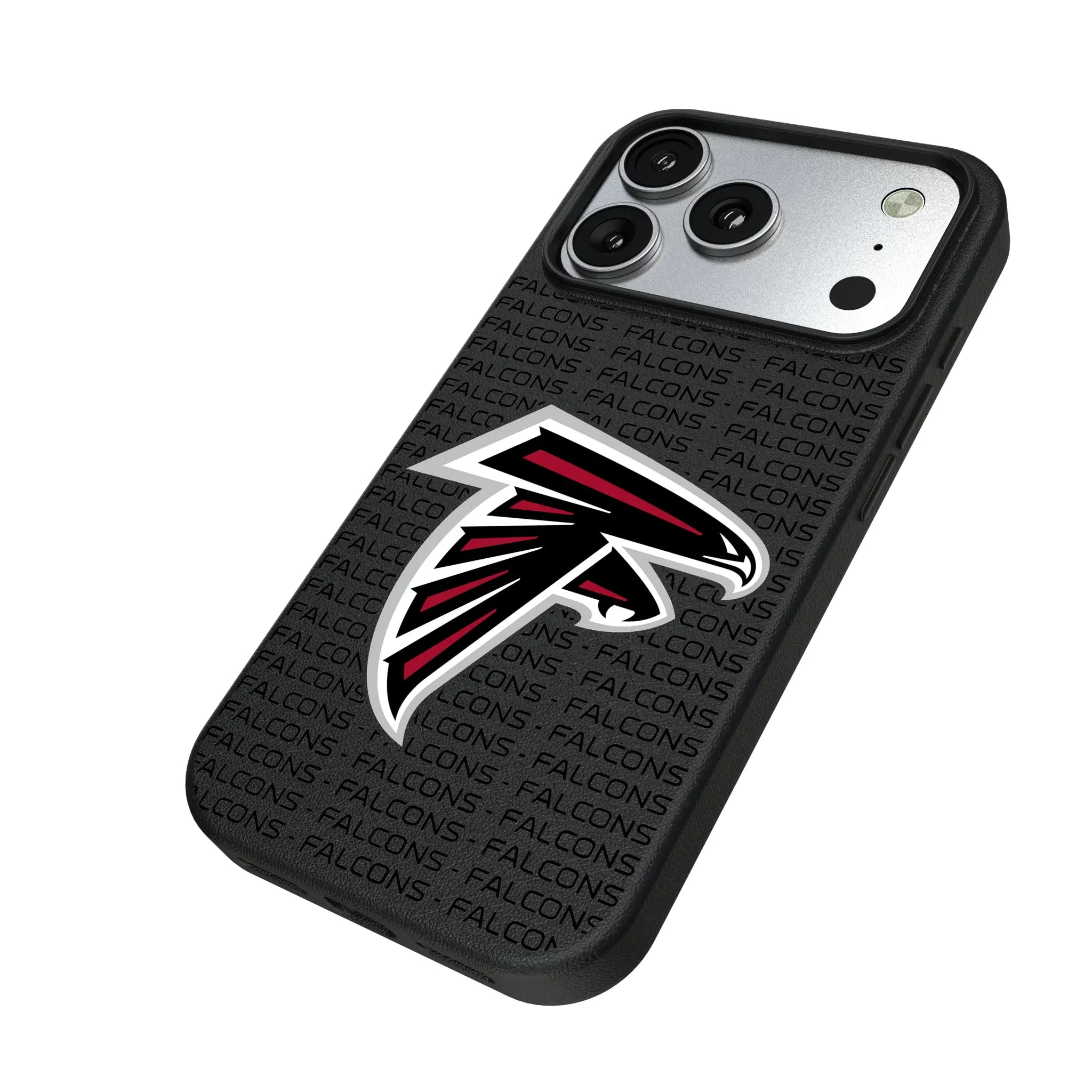 Atlanta Falcons Text Backdrop iPhone MagSafe Compatible Phone Case for Apple iPhone - Isometric View#Device_iPhone 17 Pro
