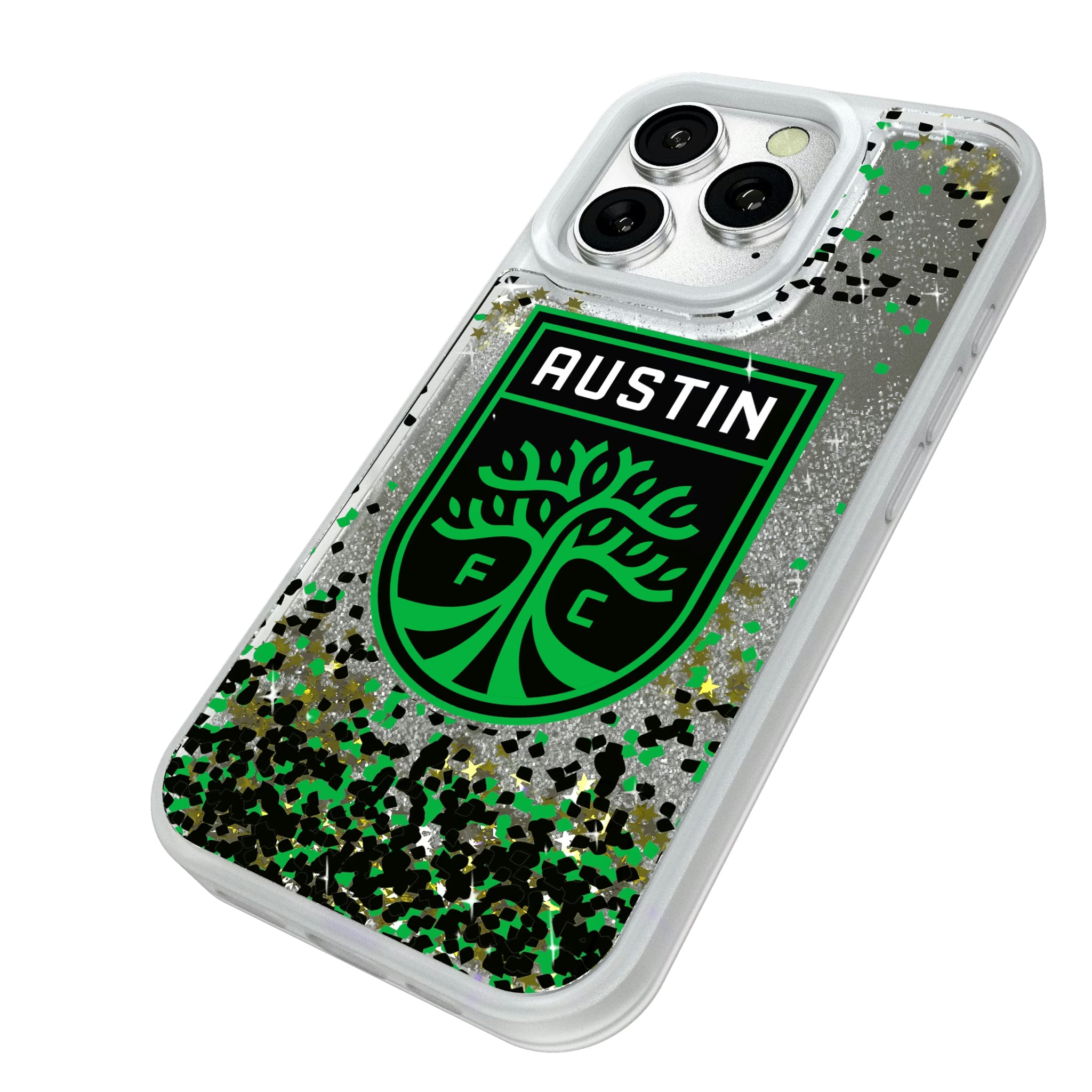 Austin FC Confetti iPhone Glitter Phone Case for Apple iPhone - Isometric View#Device_iPhone 16 Pro