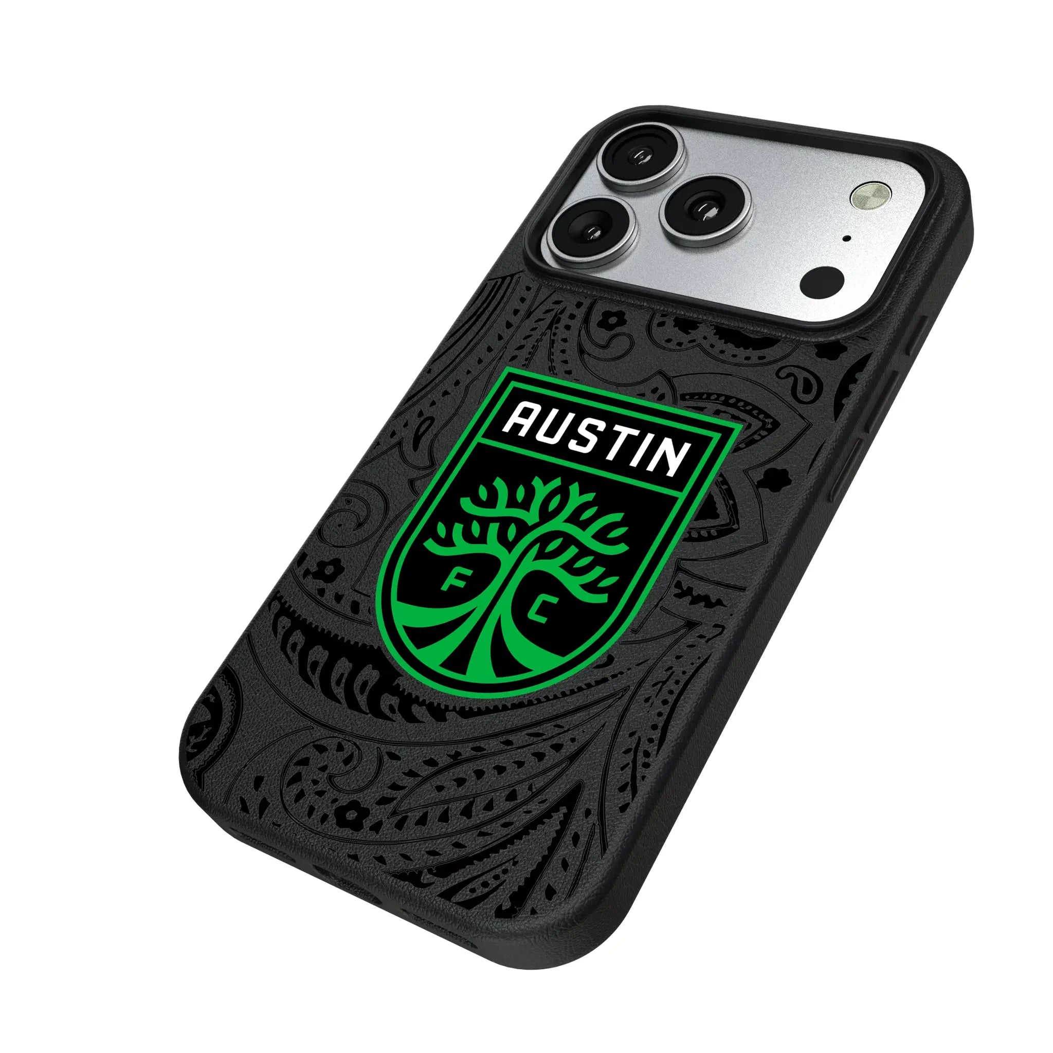 Austin FC Paisley iPhone MagSafe Compatible Phone Case for Apple iPhone - Isometric View#Device_iPhone 17 Pro