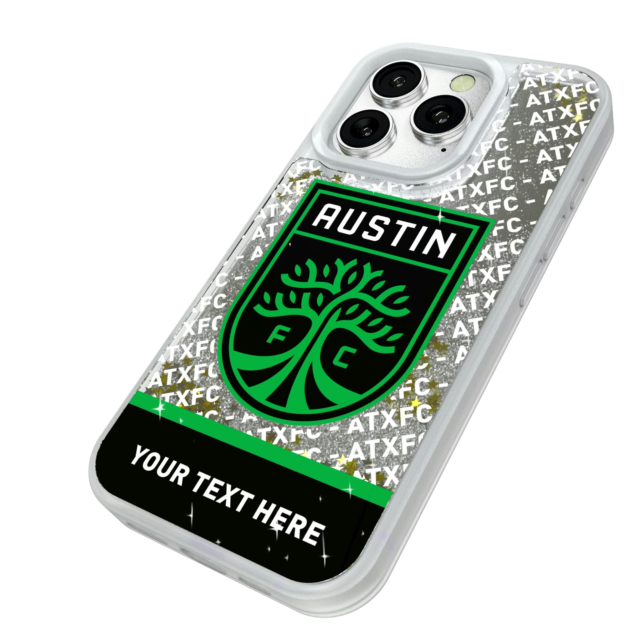 Austin FC Personalized EndZone Plus iPhone Glitter Phone Case for Apple iPhone - Isometric View#Device_iPhone 16 Pro