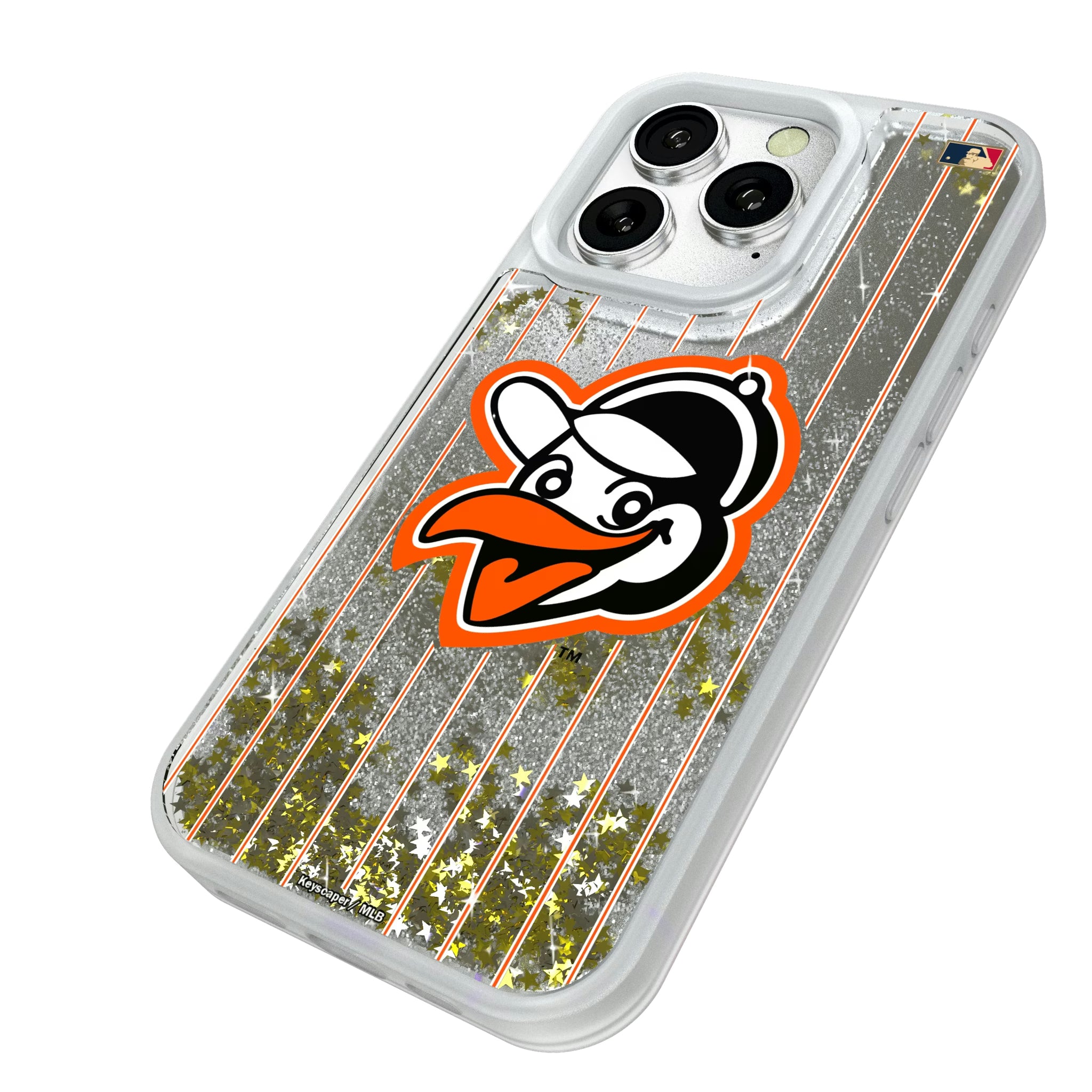 Baltimore Orioles 1955 - Cooperstown Collection Pinstripe iPhone Glitter Phone Case for Apple iPhone - Isometric View#Device_iPhone 16 Pro