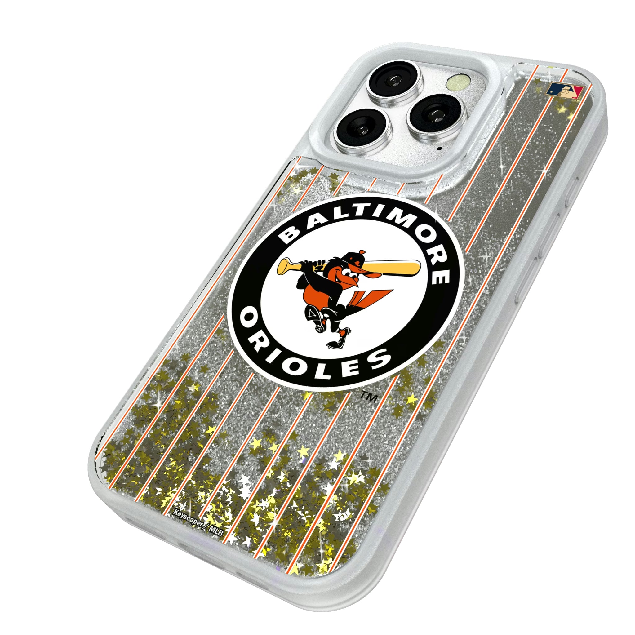 Baltimore Orioles 1966-1969 - Cooperstown Collection Pinstripe iPhone Glitter Phone Case for Apple iPhone - Isometric View#Device_iPhone 16 Pro