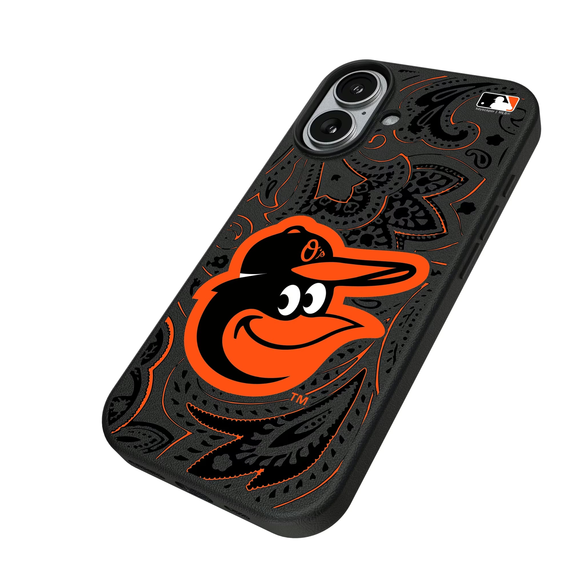Baltimore Orioles Paisley iPhone MagSafe Compatible Phone Case for Apple iPhone - Isometric View#Device_iPhone 17