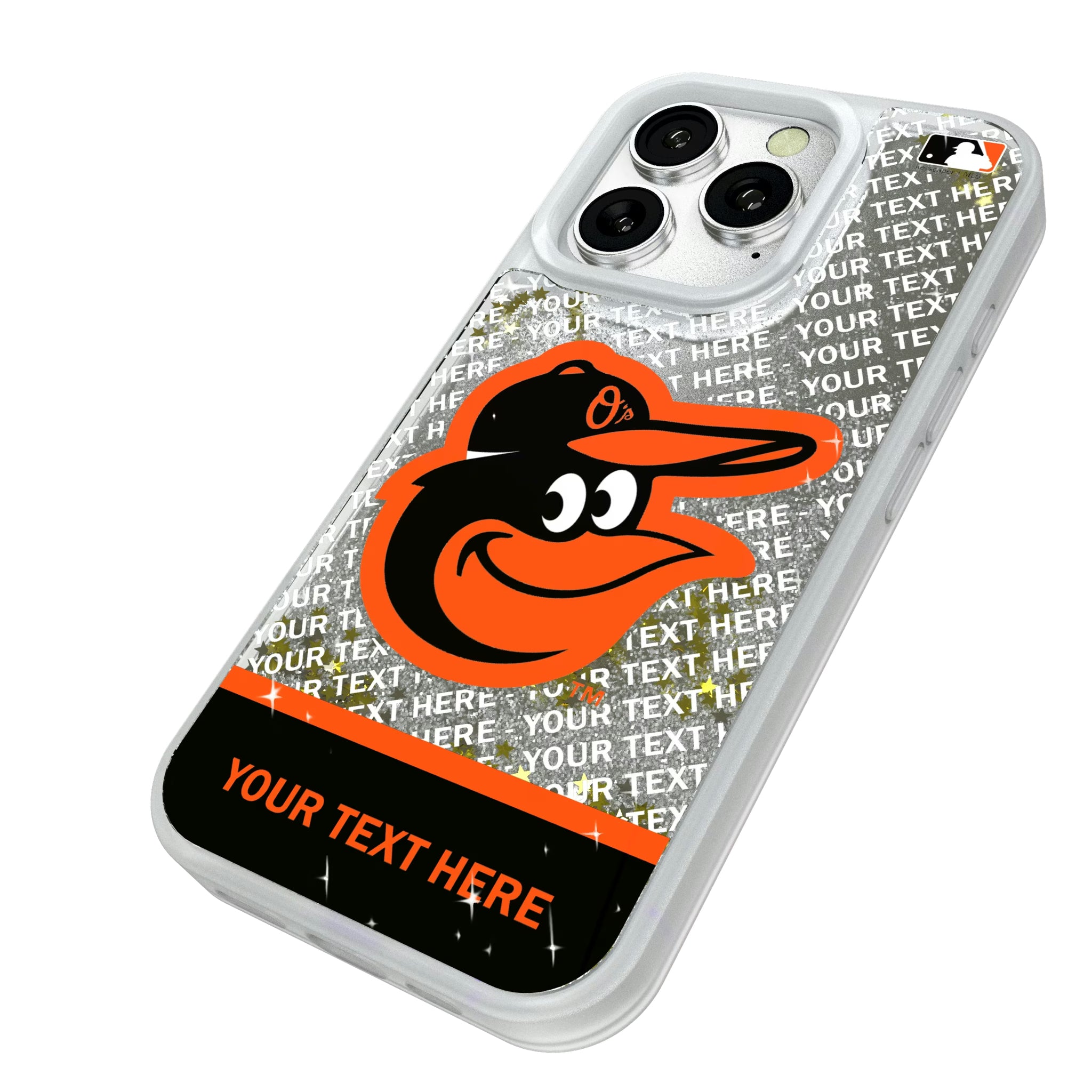 Baltimore Orioles Personalized EndZone Plus iPhone Glitter Phone Case for Apple iPhone - Isometric View#Device_iPhone 16 Pro