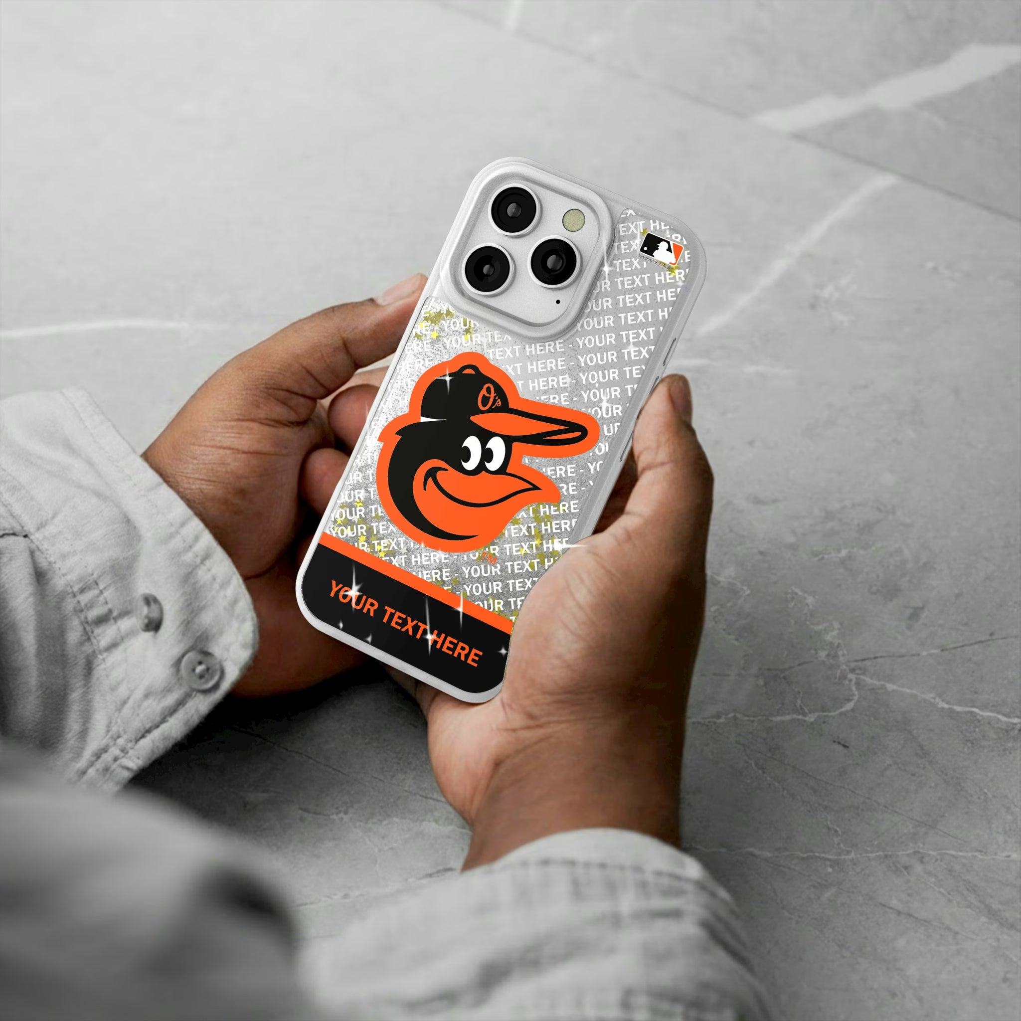 Baltimore Orioles Personalized EndZone Plus iPhone Glitter Phone Case for Apple iPhone - Lifestyle#Device_iPhone 16 Pro