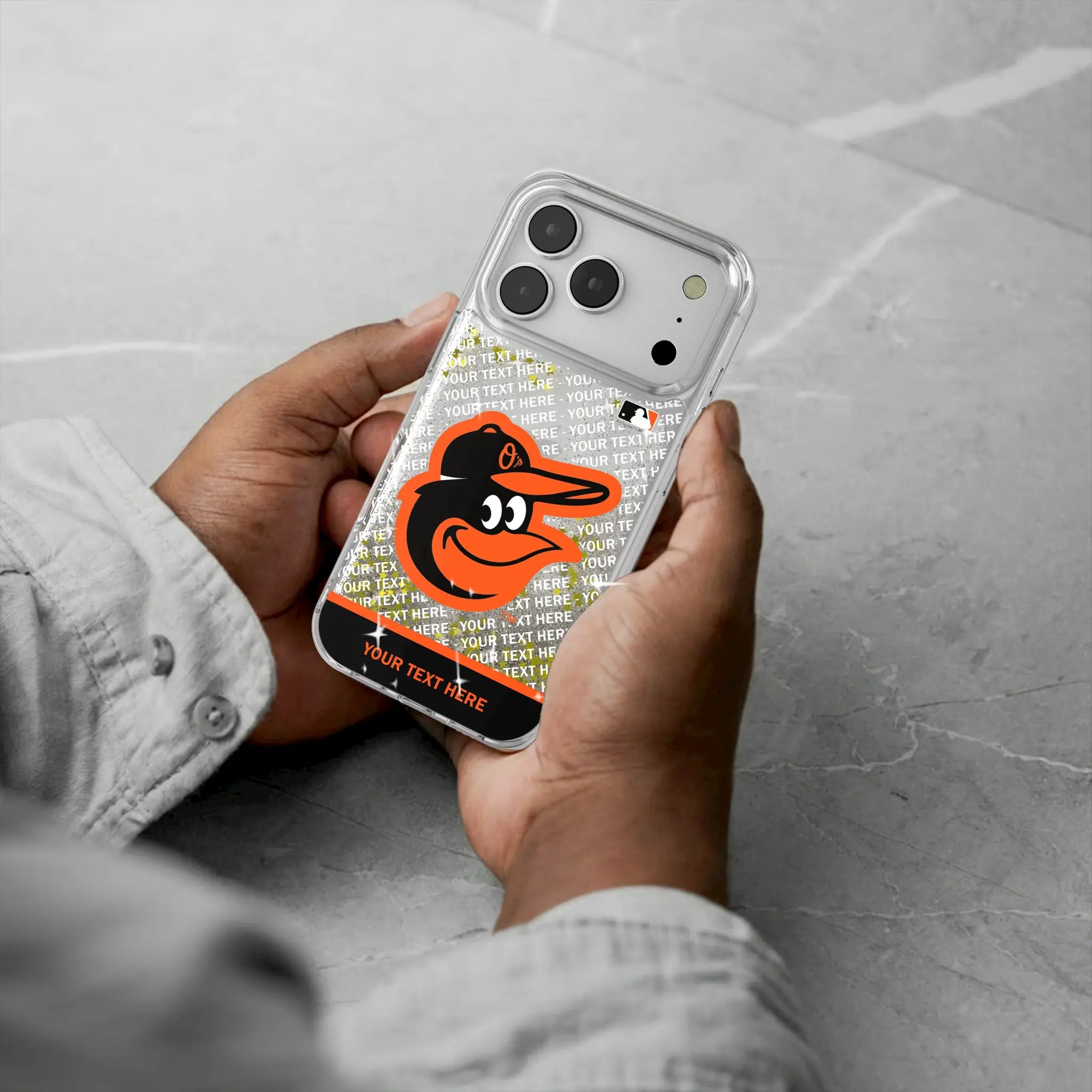 Baltimore Orioles Personalized EndZone Plus iPhone Glitter Phone Case for Apple iPhone - Lifestyle#Device_iPhone 17 Pro
