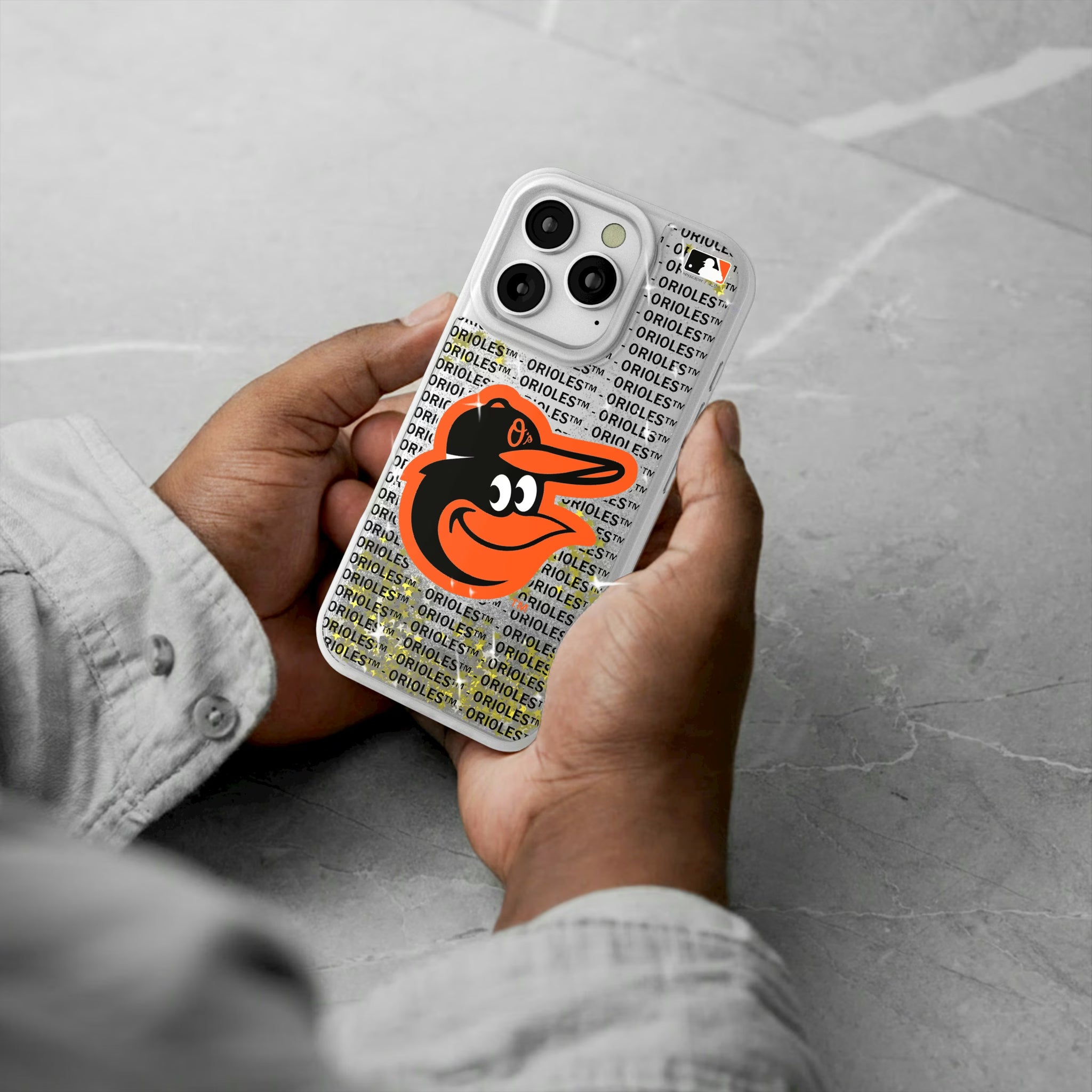 Baltimore Orioles Text Backdrop iPhone Glitter Phone Case for Apple iPhone - Lifestyle#Device_iPhone 16 Pro
