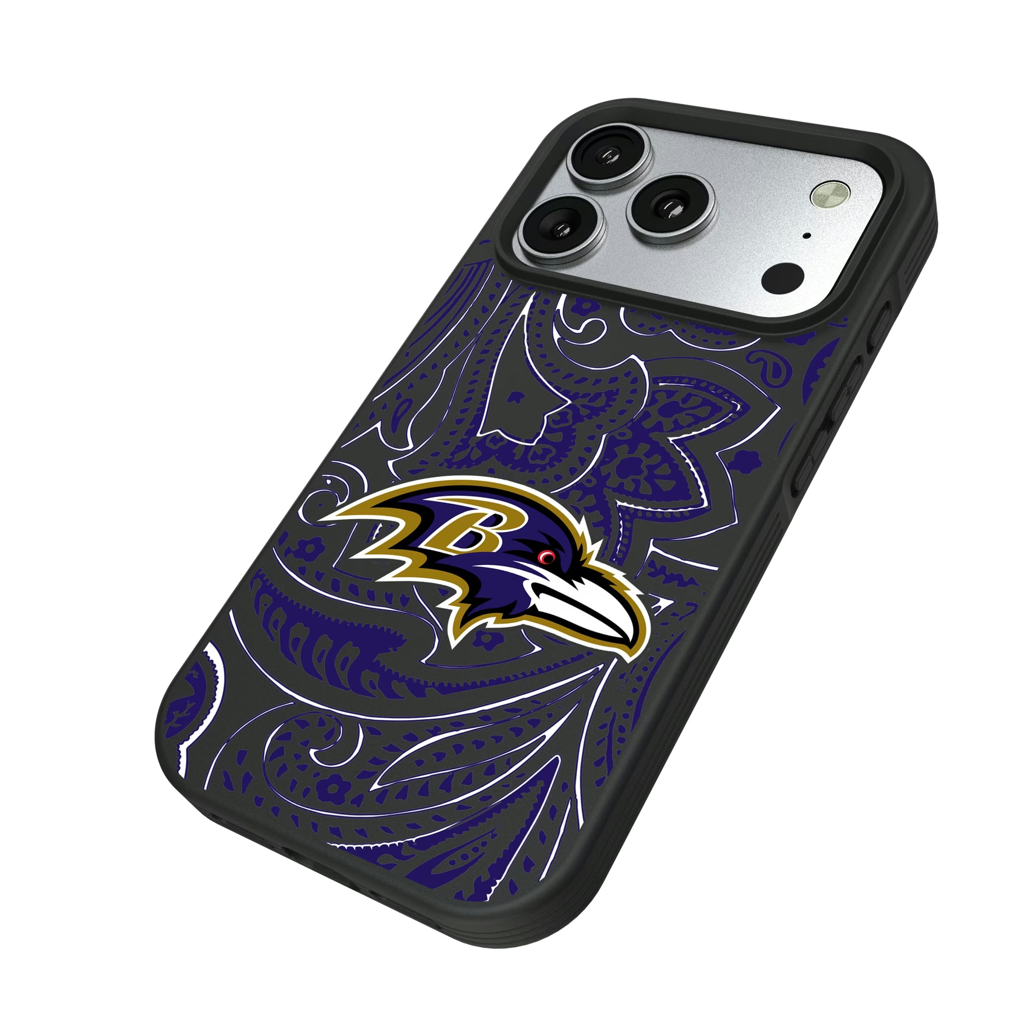 Baltimore Ravens Paisley iPhone Bump Phone Case for Apple iPhone - Isometric View#Device_iPhone 17 Pro