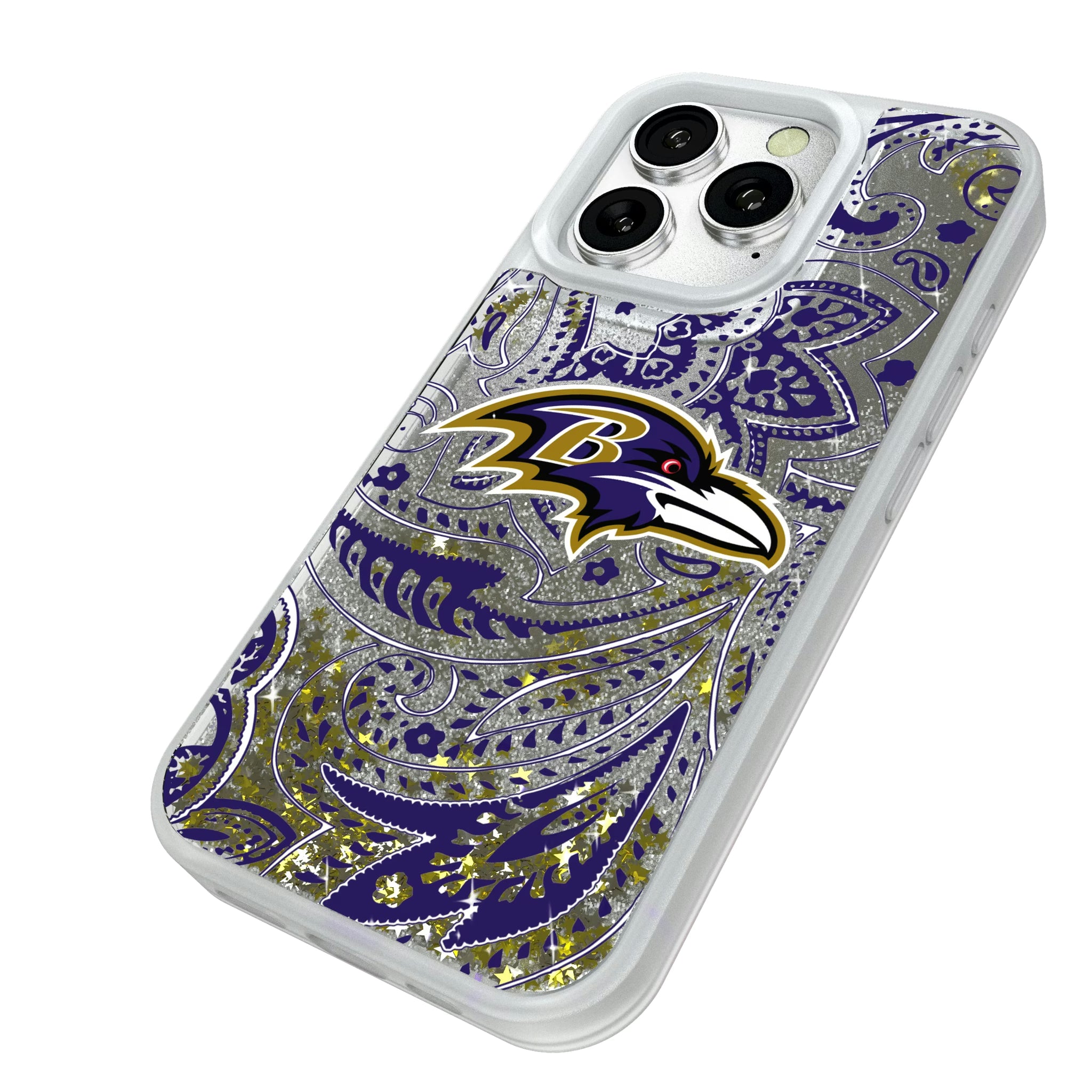 Baltimore Ravens Paisley iPhone Glitter Phone Case for Apple iPhone - Isometric View#Device_iPhone 16 Pro