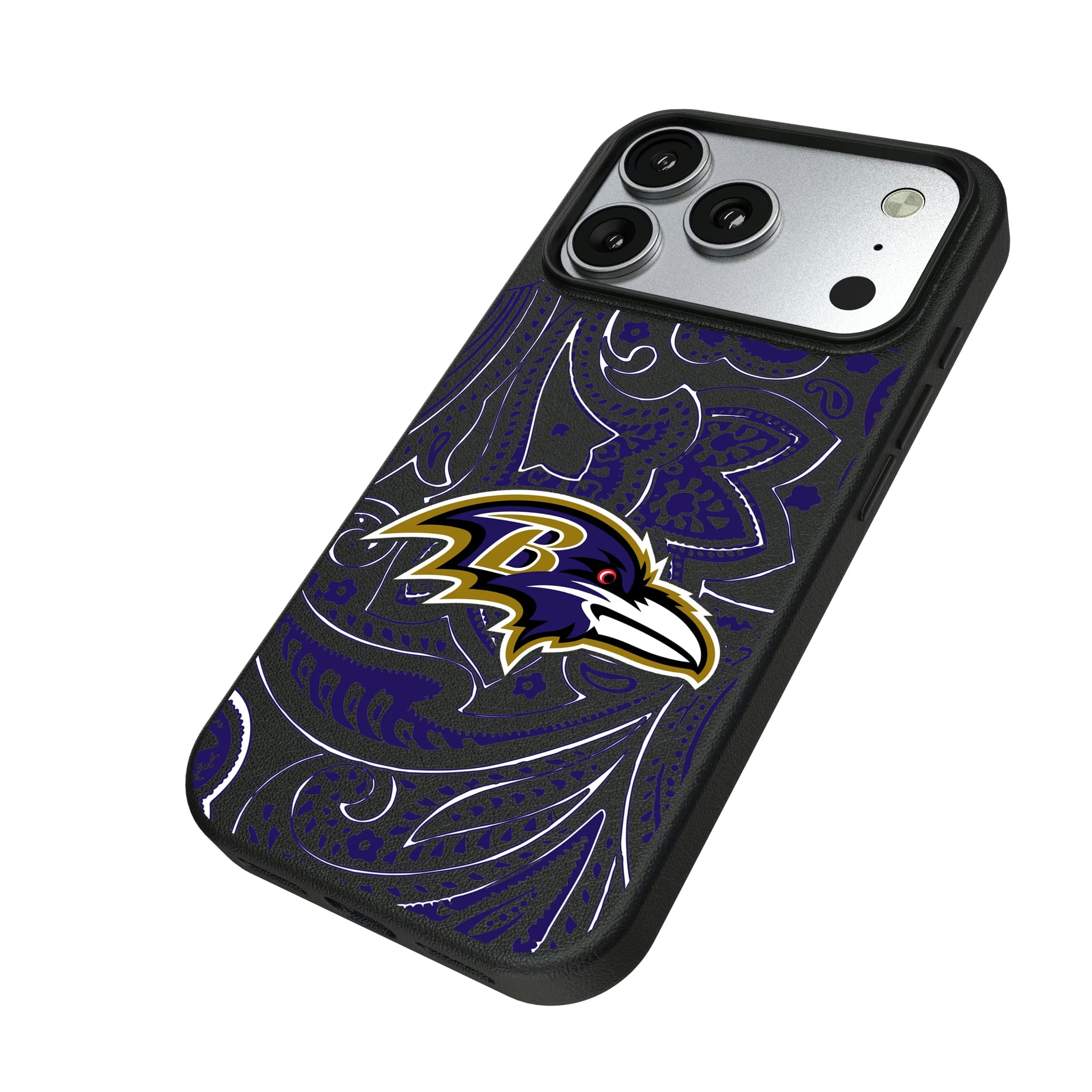 Baltimore Ravens Paisley iPhone MagSafe Compatible Phone Case for Apple iPhone - Isometric View#Device_iPhone 17 Pro