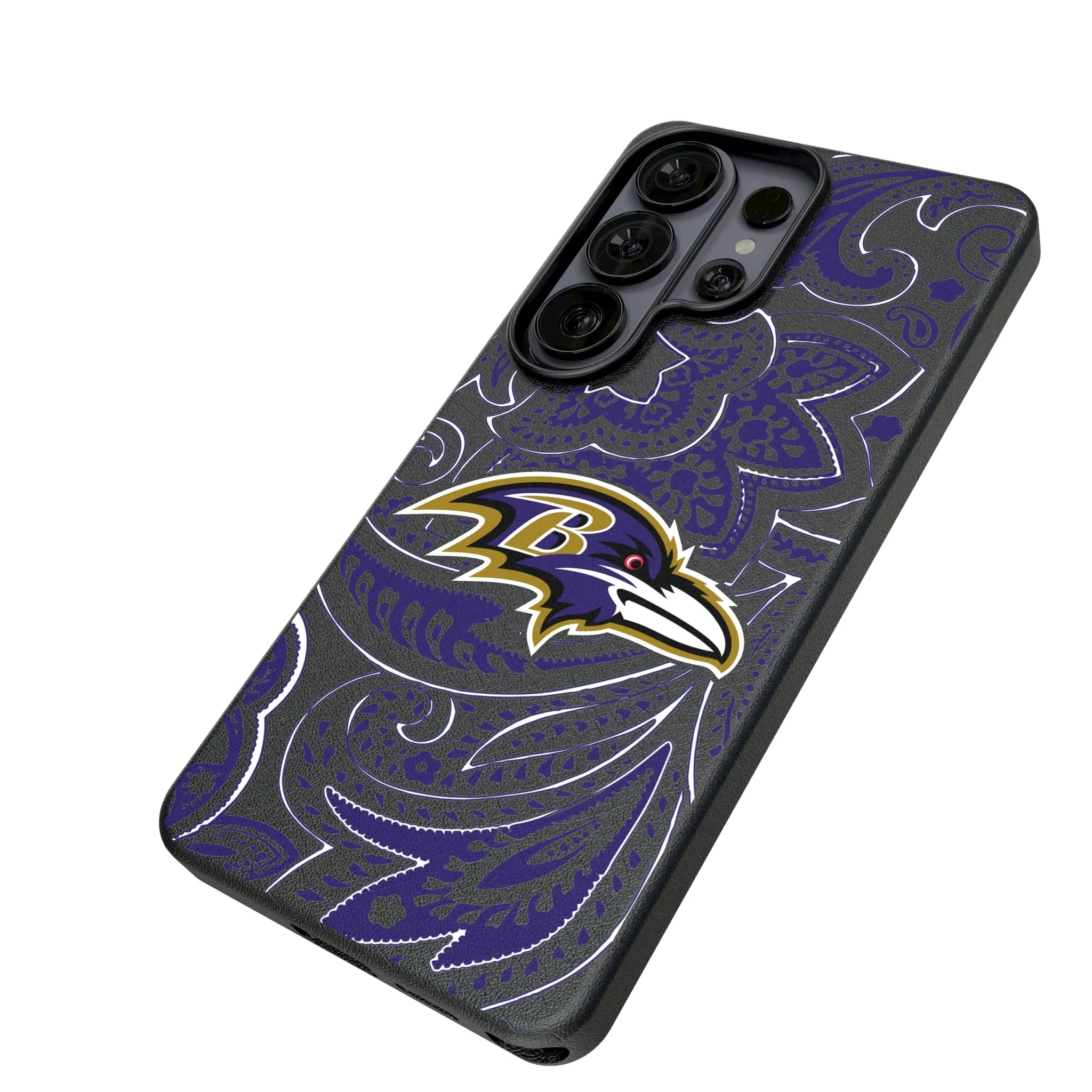 Baltimore Ravens Paisley Galaxy MagSafe Compatible Phone Case for Samsung Galaxy - Isometric View#Device_Galaxy S26 Ultra