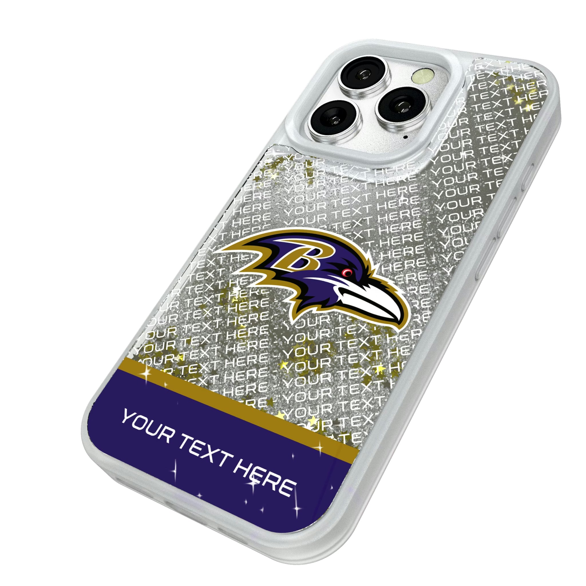 Baltimore Ravens Personalized EndZone Plus iPhone Glitter Phone Case for Apple iPhone - Isometric View#Device_iPhone 16 Pro