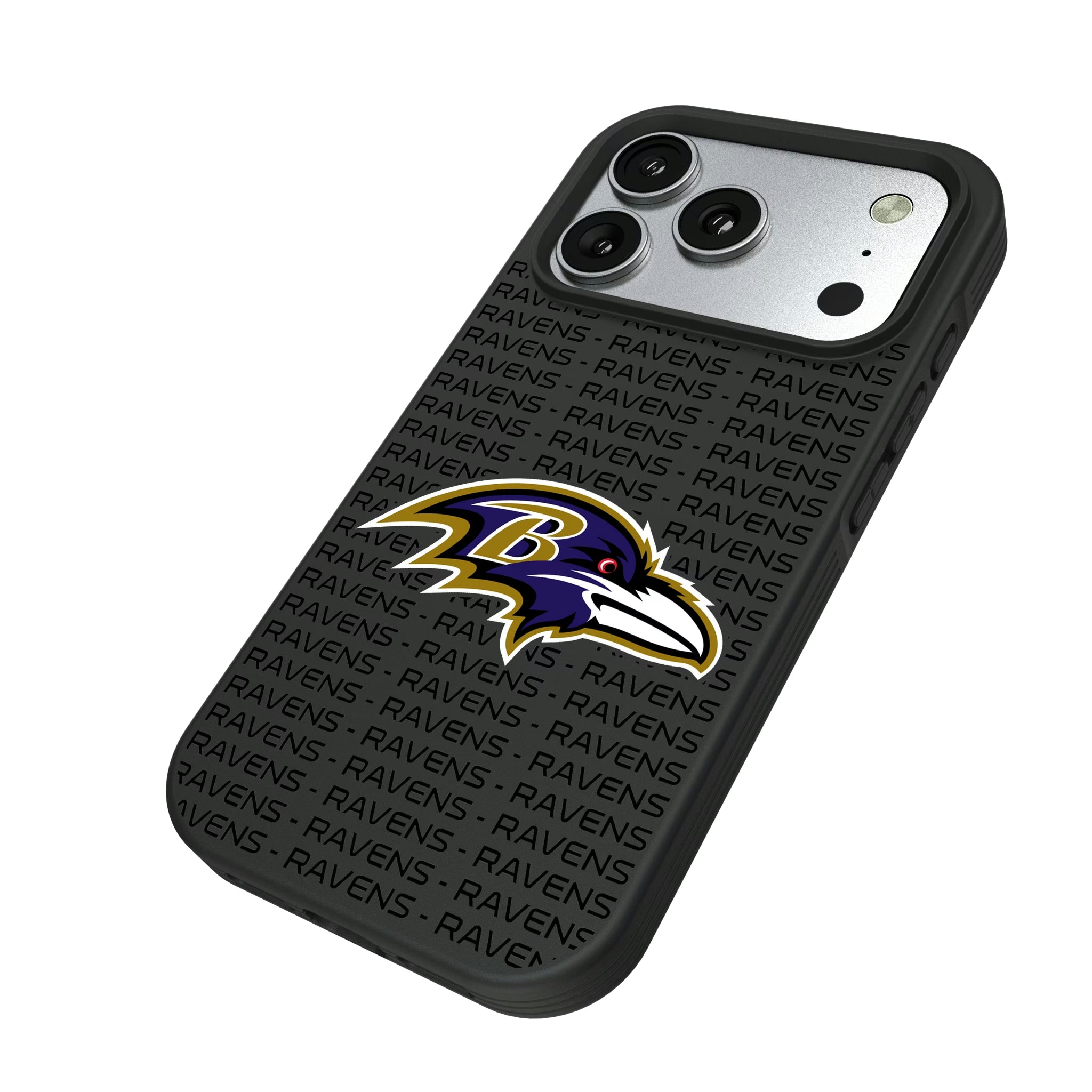 Baltimore Ravens Text Backdrop iPhone Bump Phone Case for Apple iPhone - Isometric View#Device_iPhone 17 Pro