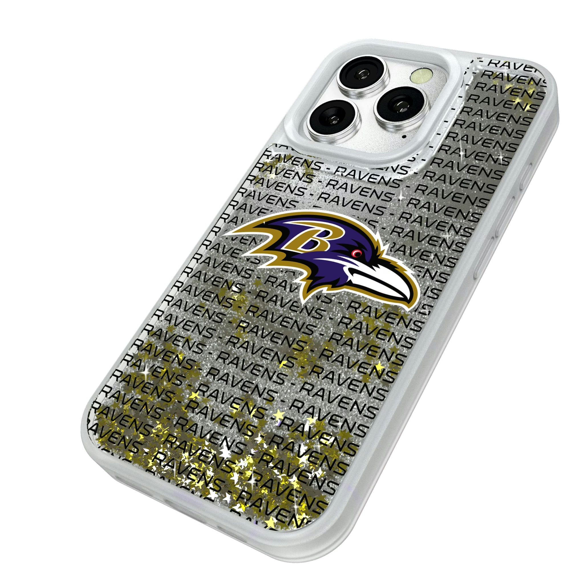 Baltimore Ravens Text Backdrop iPhone Glitter Phone Case for Apple iPhone - Isometric View#Device_iPhone 16 Pro