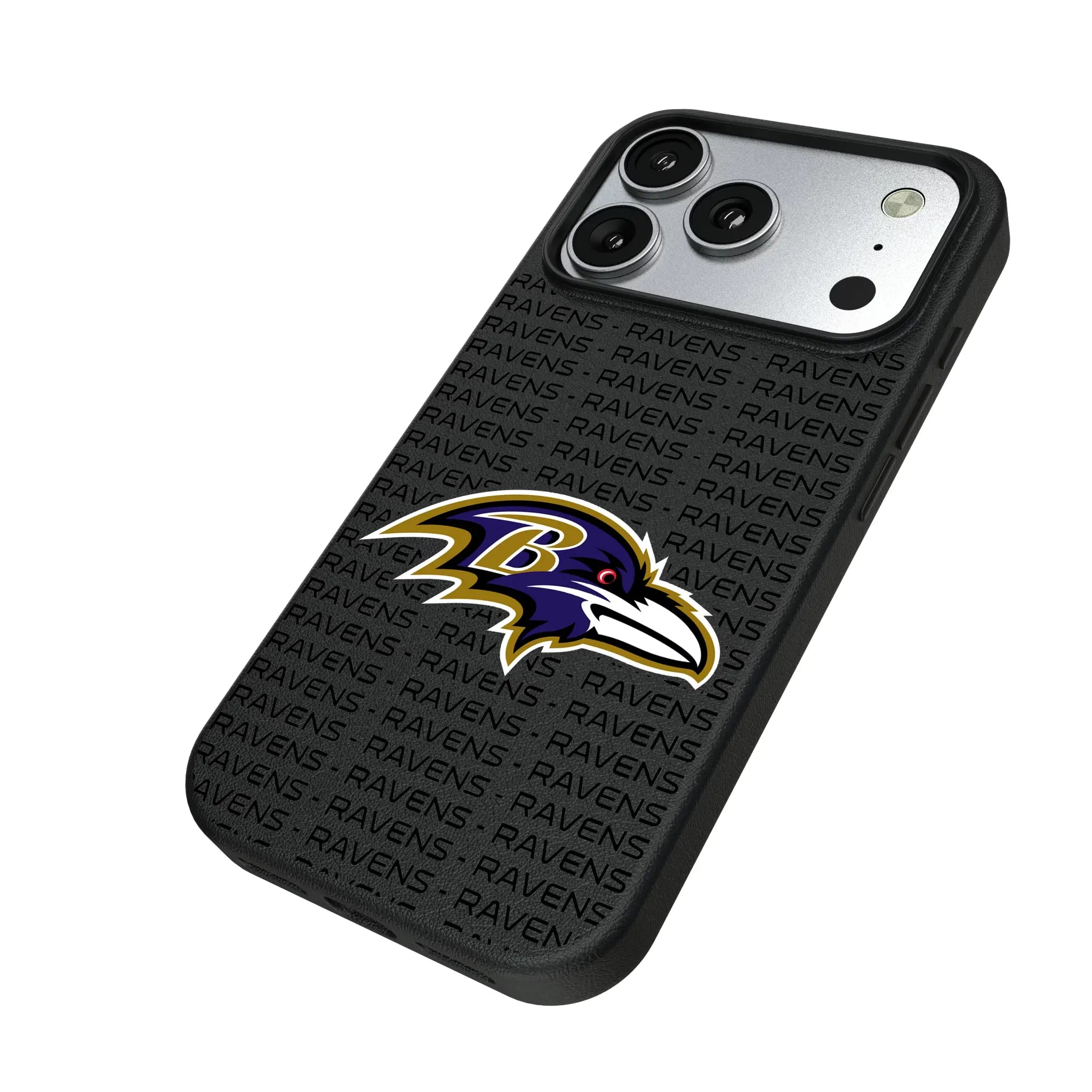 Baltimore Ravens Text Backdrop iPhone MagSafe Compatible Phone Case for Apple iPhone - Isometric View#Device_iPhone 17 Pro