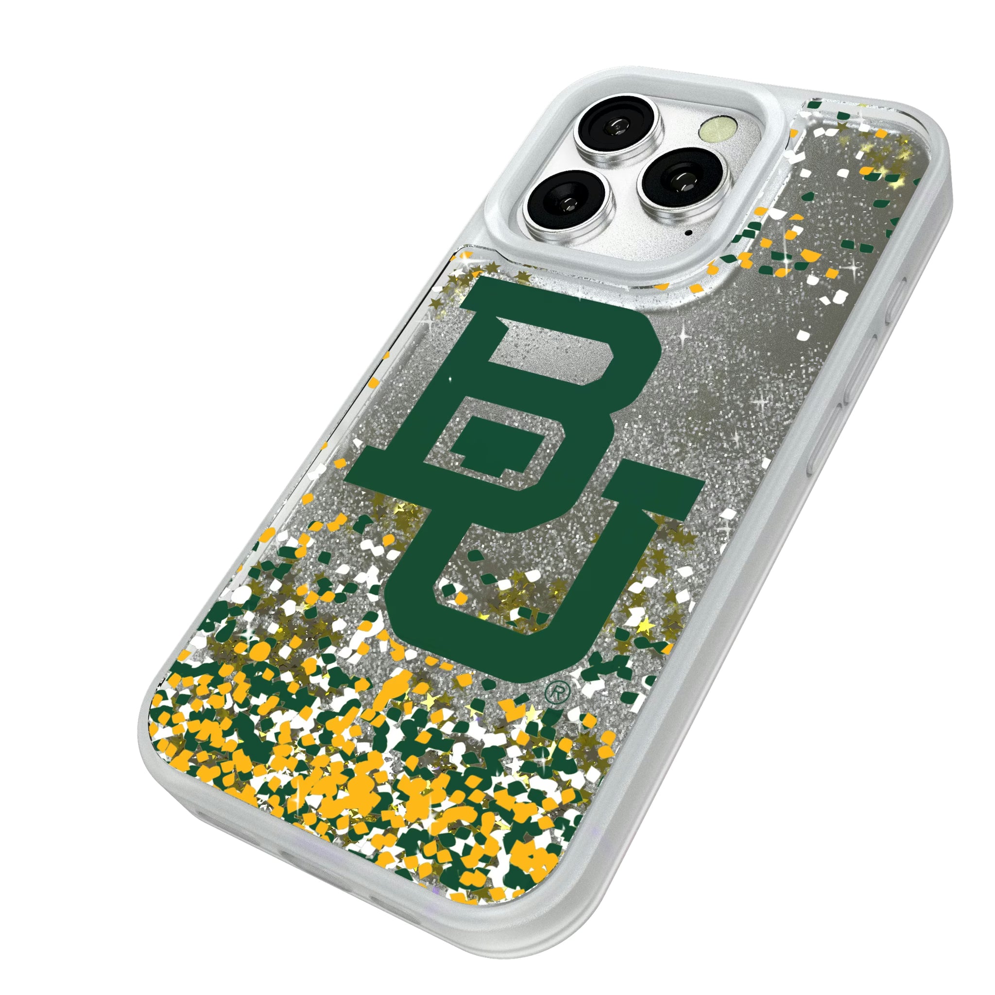 Baylor University Bears Confetti iPhone Glitter Phone Case for Apple iPhone - Isometric View#Device_iPhone 16 Pro