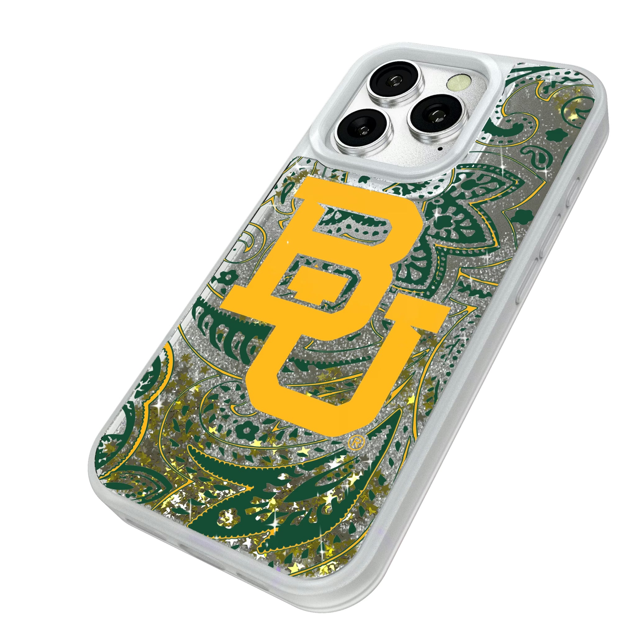 Baylor University Bears Paisley iPhone Glitter Phone Case for Apple iPhone - Isometric View#Device_iPhone 16 Pro