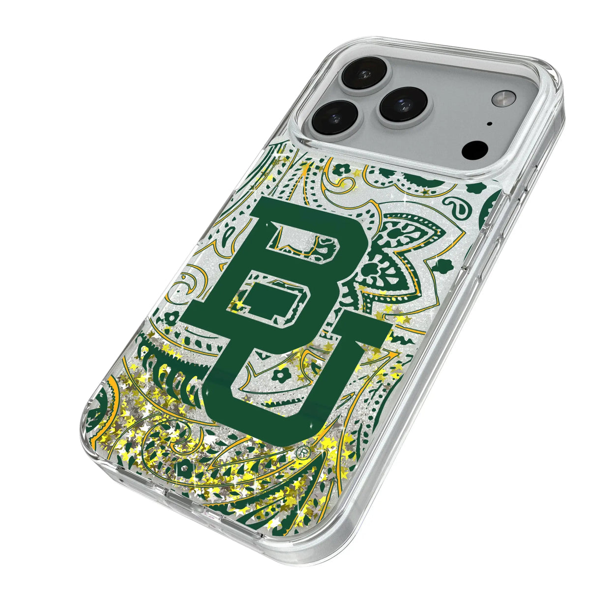 Baylor University Bears Paisley iPhone Glitter Phone Case for Apple iPhone - Isometric View#Device_iPhone 18 Pro