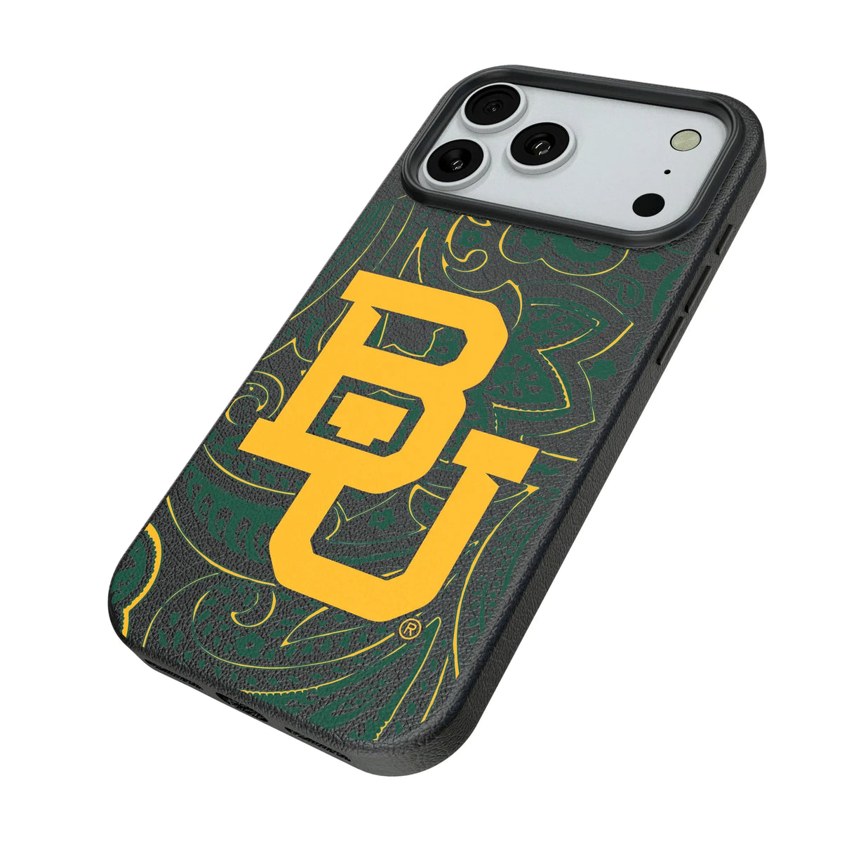 Baylor University Bears Paisley iPhone MagSafe Compatible Phone Case for Apple iPhone - Isometric View#Device_iPhone 18 Pro Max