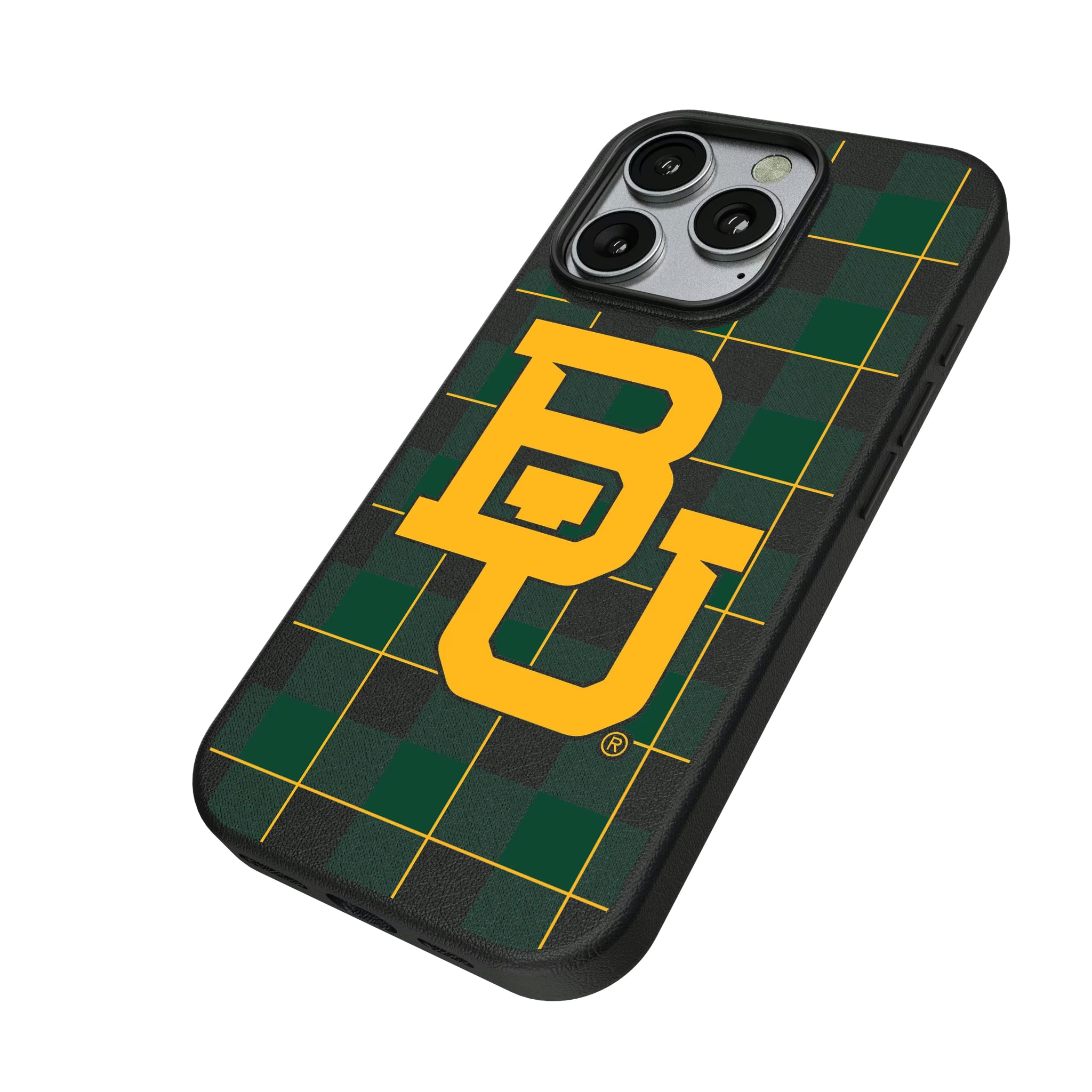 Baylor University Bears Plaid iPhone MagSafe Compatible Phone Case for Apple iPhone - Isometric View