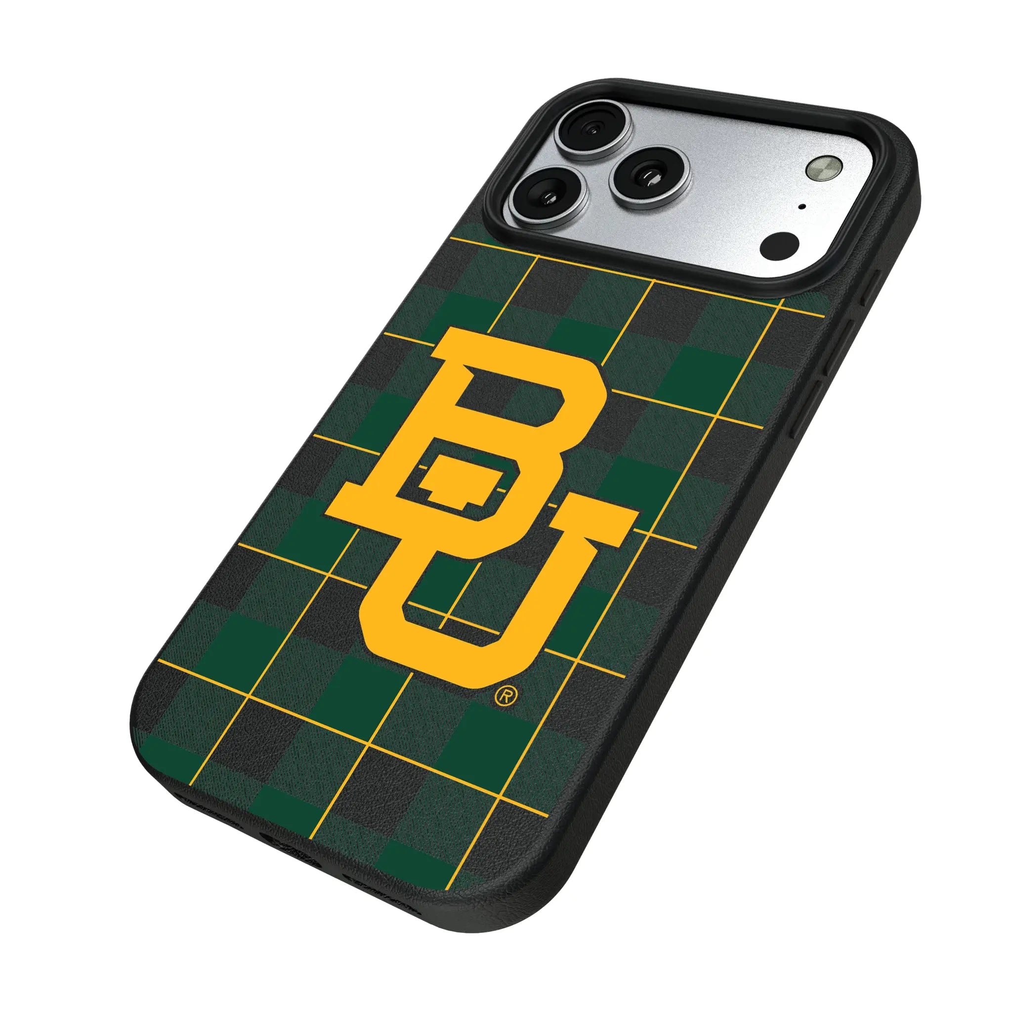 Baylor University Bears Plaid iPhone MagSafe Compatible Phone Case for Apple iPhone - Isometric View#Device_iPhone 17 Pro Max