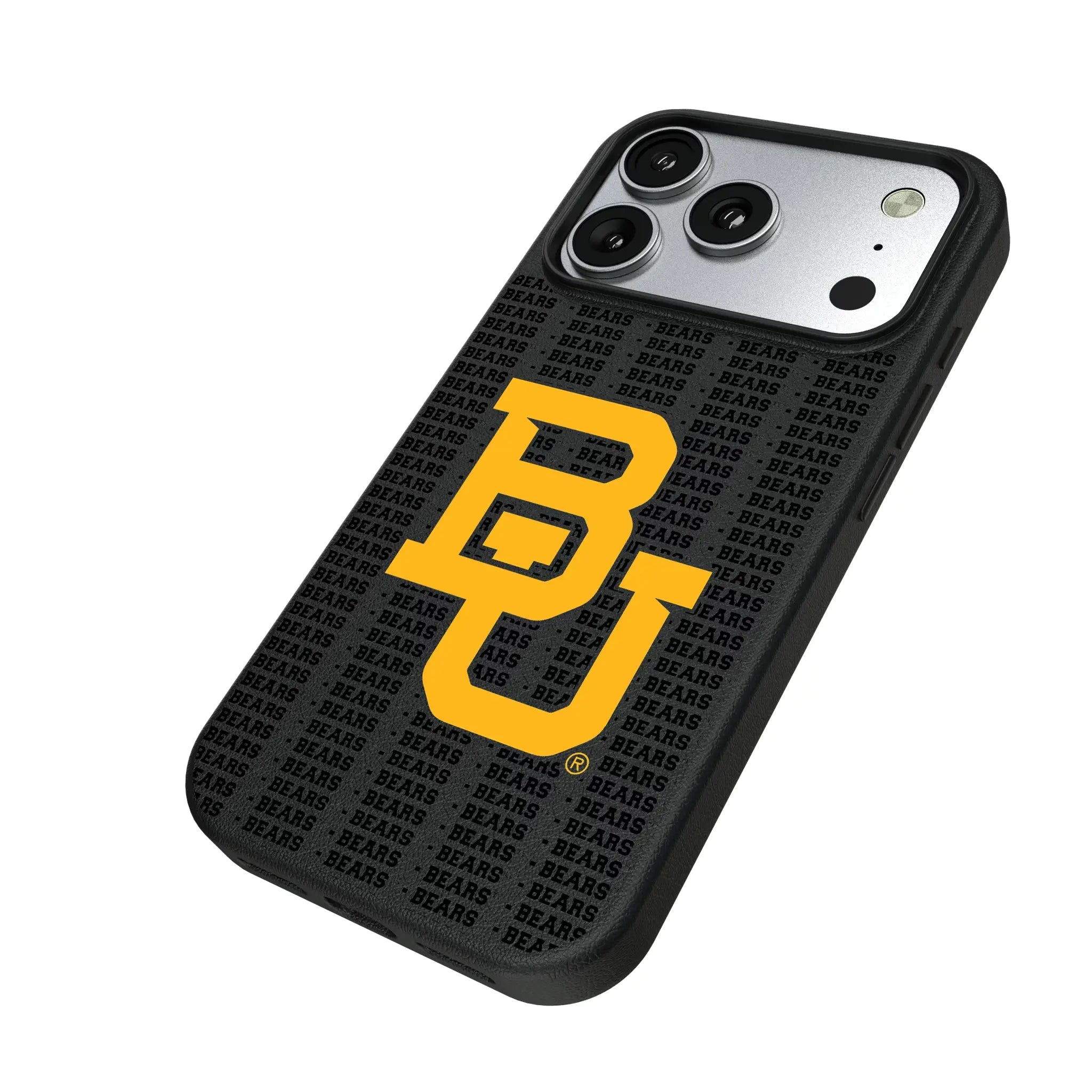 Baylor University Bears Text Backdrop iPhone MagSafe Compatible Phone Case for Apple iPhone - Isometric View#Device_iPhone 17 Pro