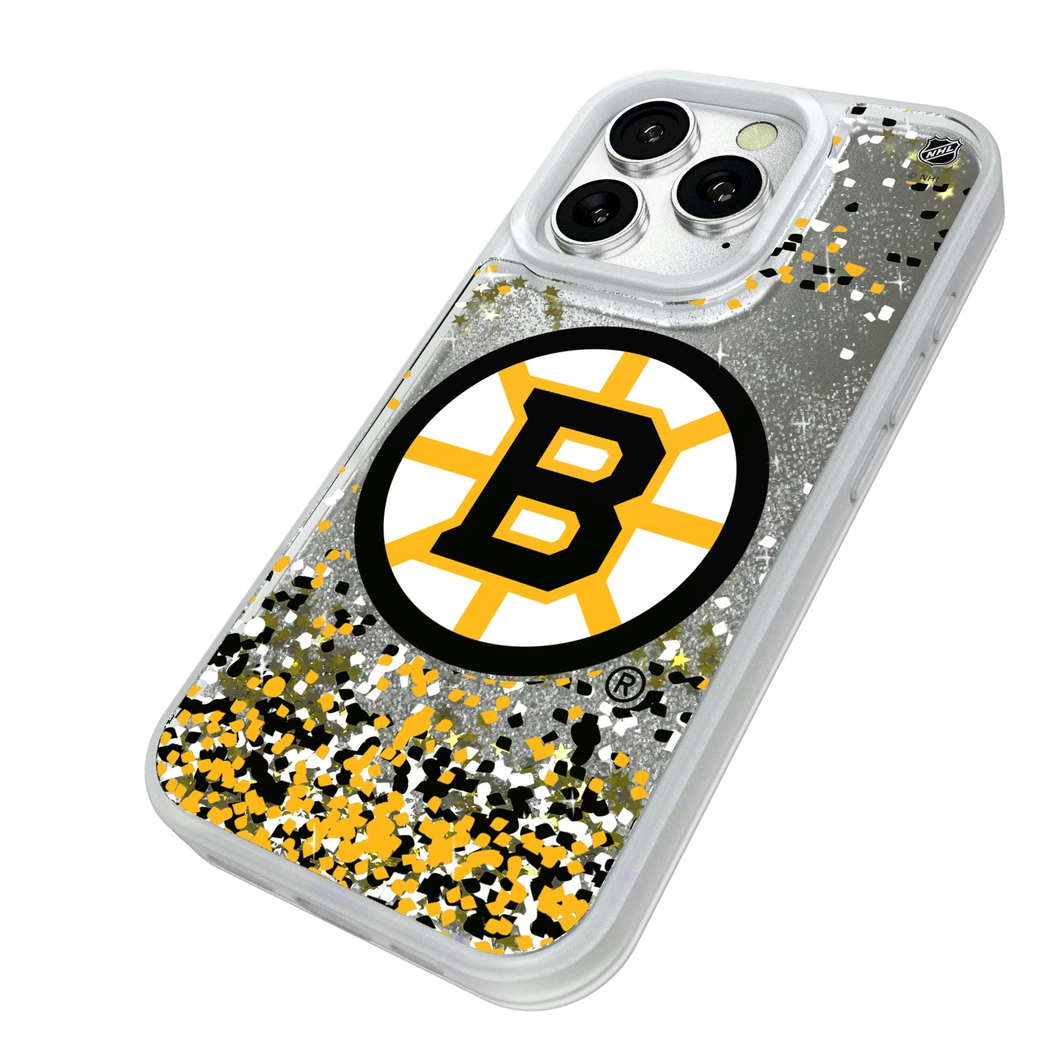 Boston Bruins Confetti iPhone Glitter Phone Case for Apple iPhone - Isometric View#Device_iPhone 16 Pro