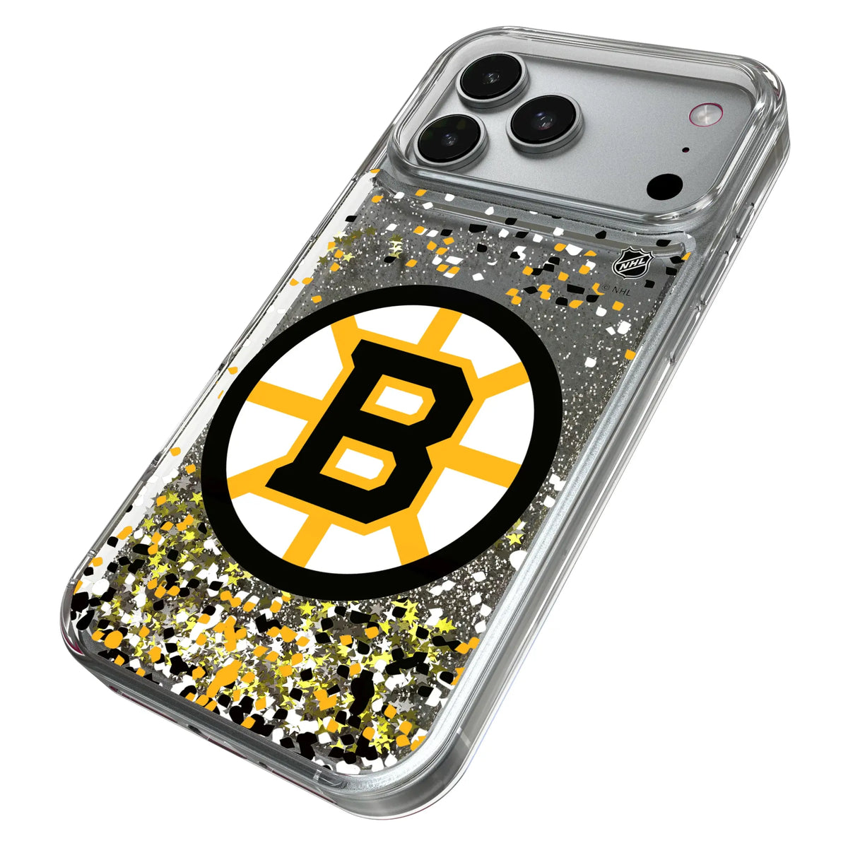 Boston Bruins Confetti iPhone Glitter Phone Case for Apple iPhone - Isometric View#Device_iPhone 17 Pro Max