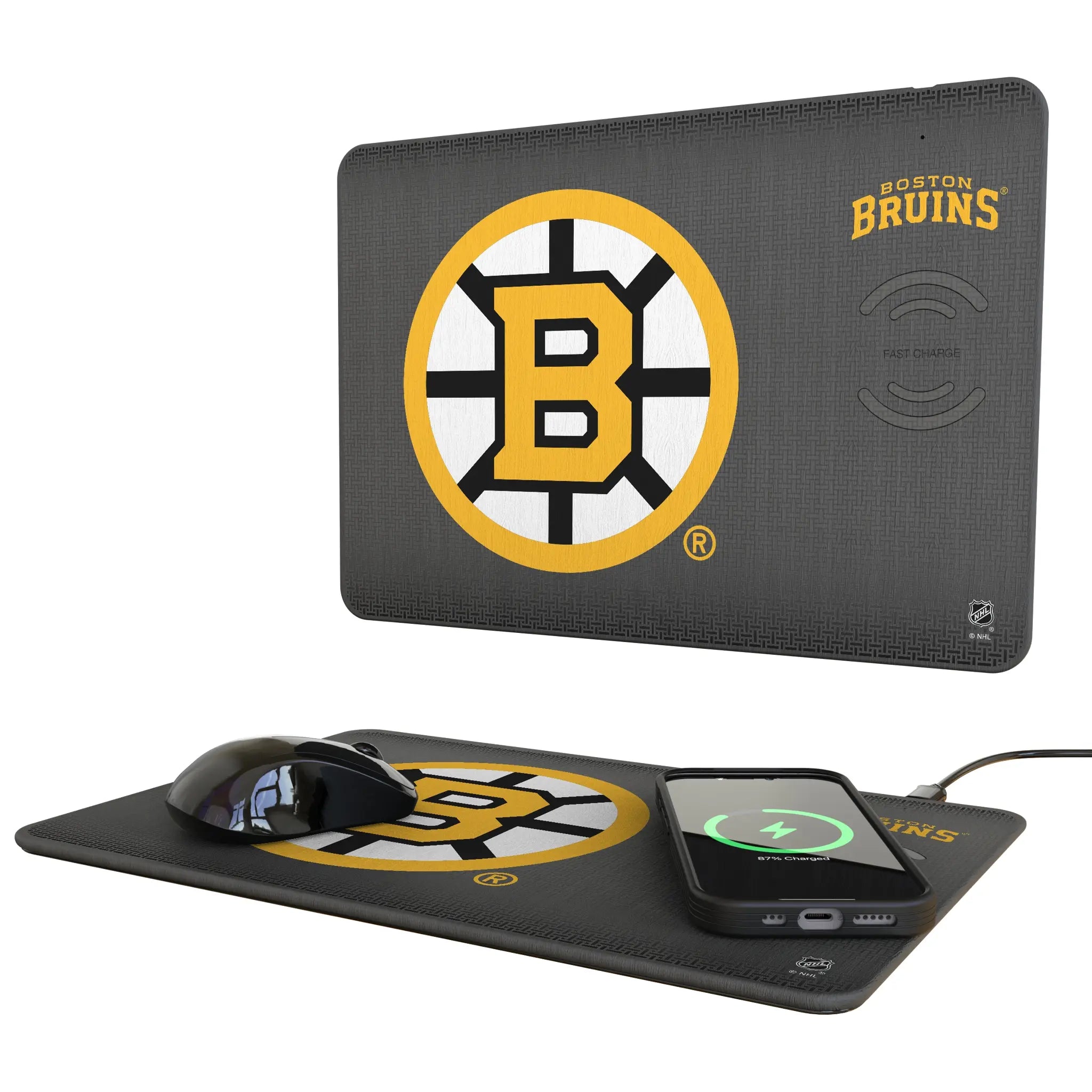 Boston Bruins Linen 15-Watt Wireless Charger and Mouse Pad
