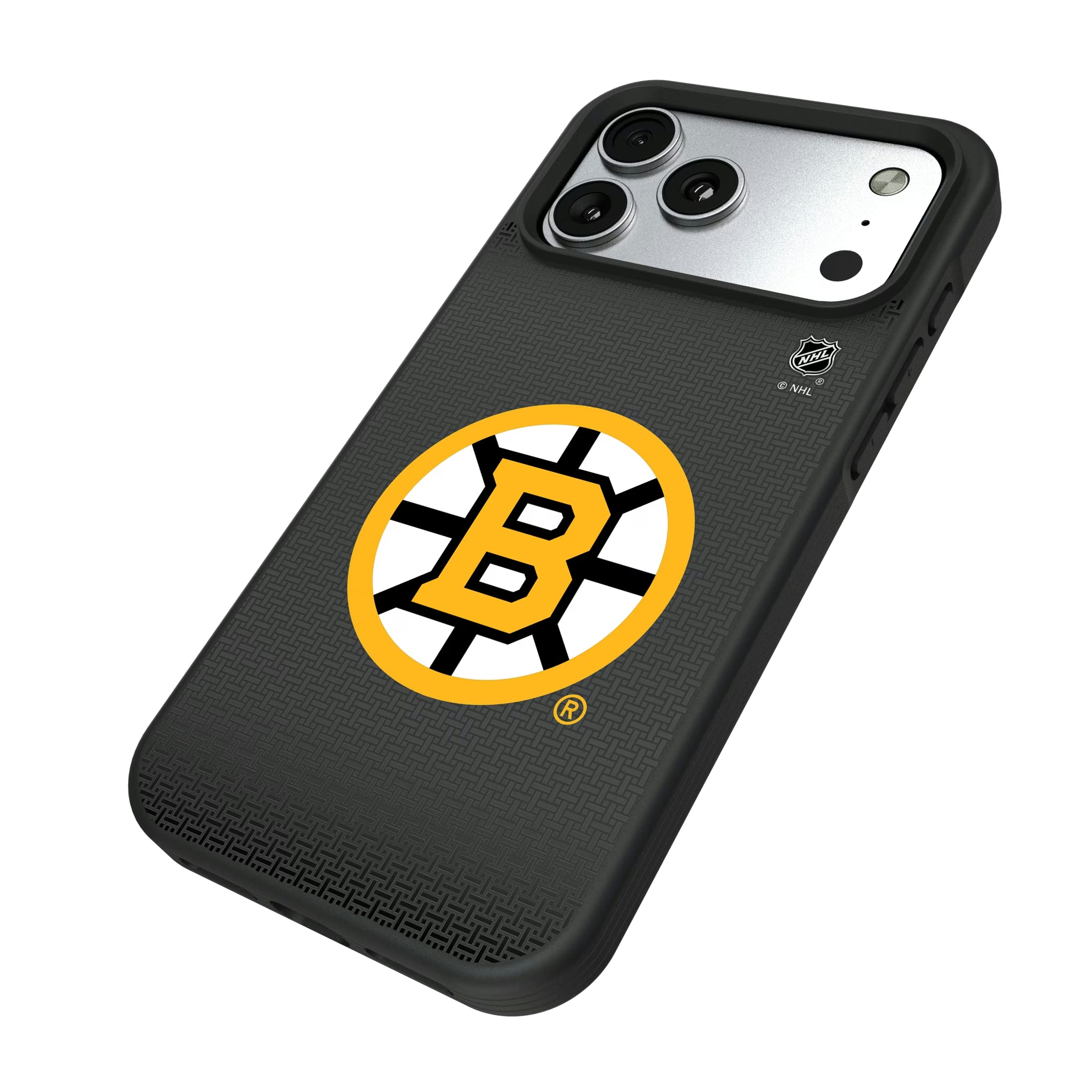 Boston Bruins Linen iPhone Bump Phone Case for Apple iPhone - Isometric View#Device_iPhone 17 Pro Max