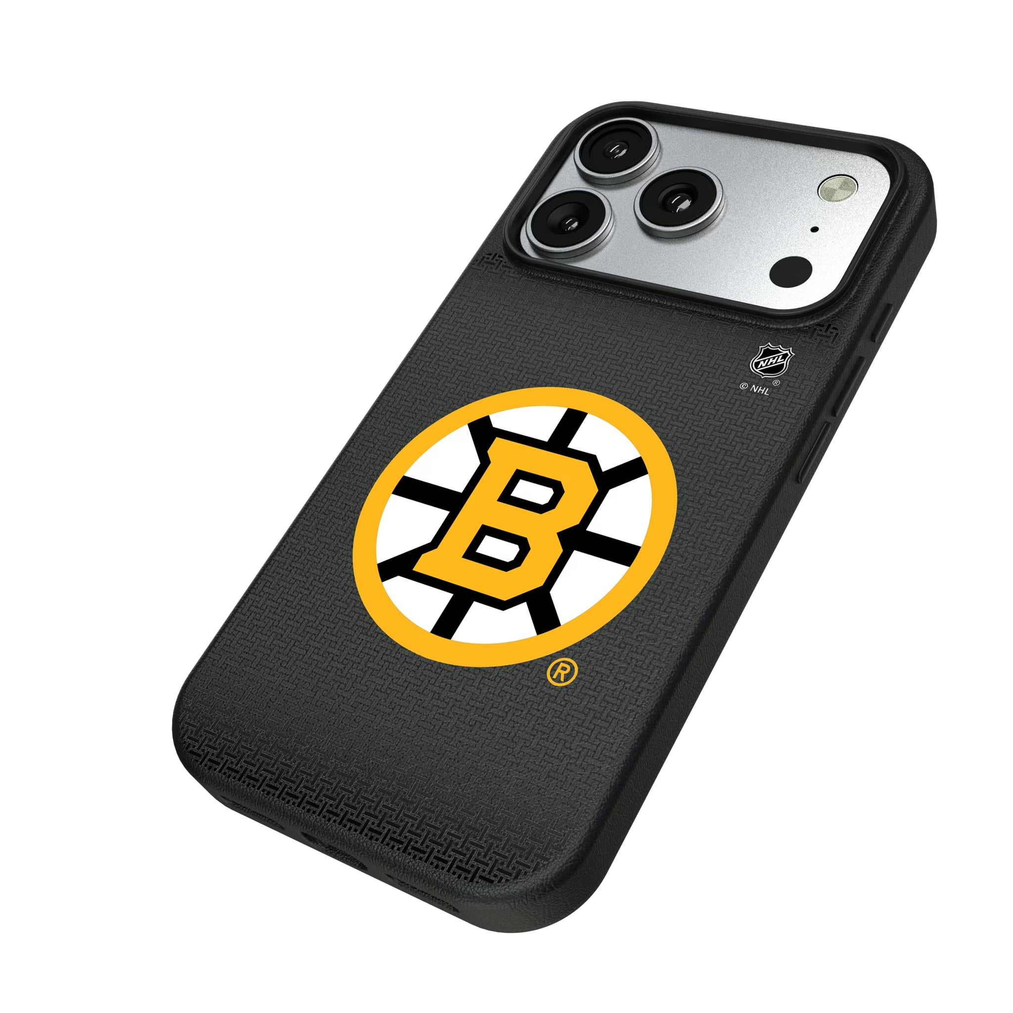 Boston Bruins Linen iPhone MagSafe Compatible Phone Case for Apple iPhone - Isometric View#Device_iPhone 17 Pro