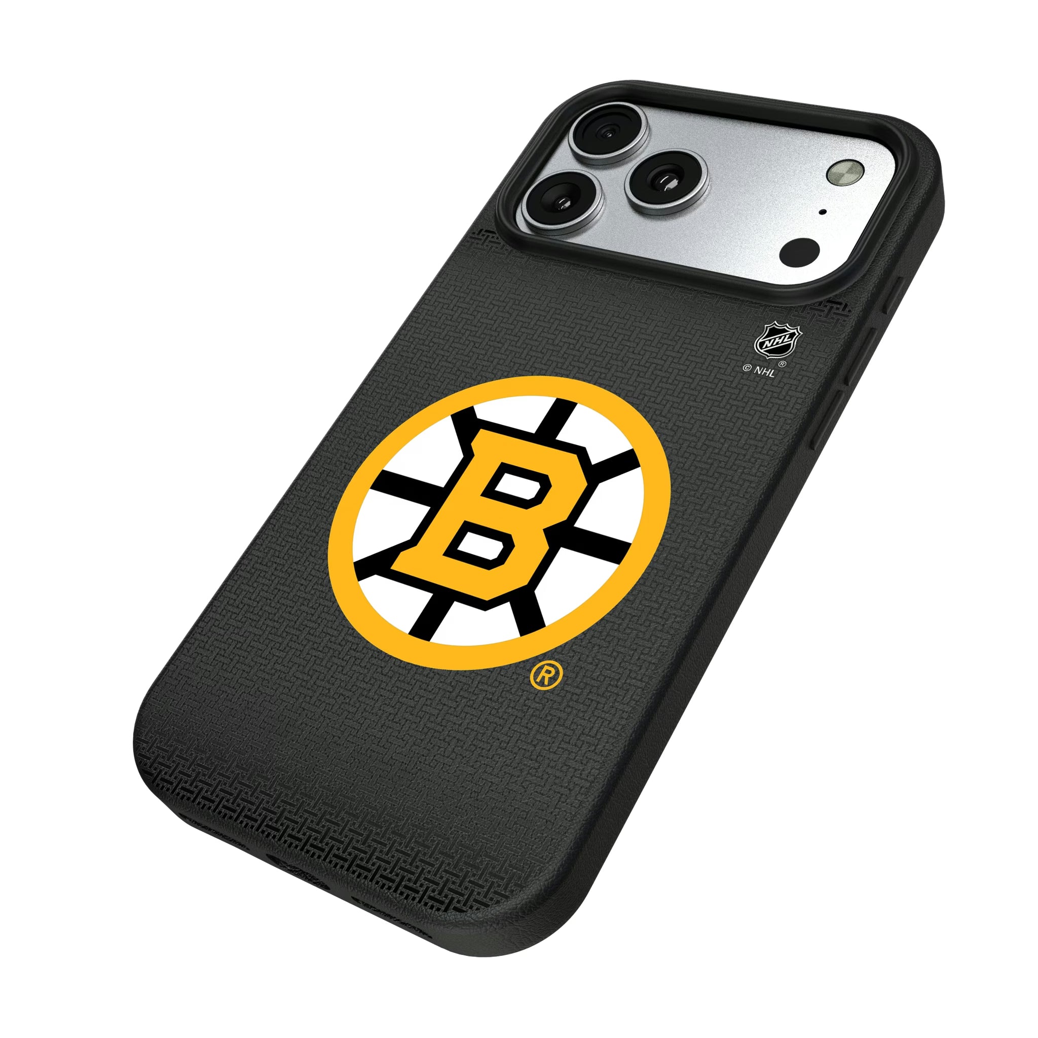 Boston Bruins Linen iPhone MagSafe Compatible Phone Case for Apple iPhone - Isometric View#Device_iPhone 17 Pro Max