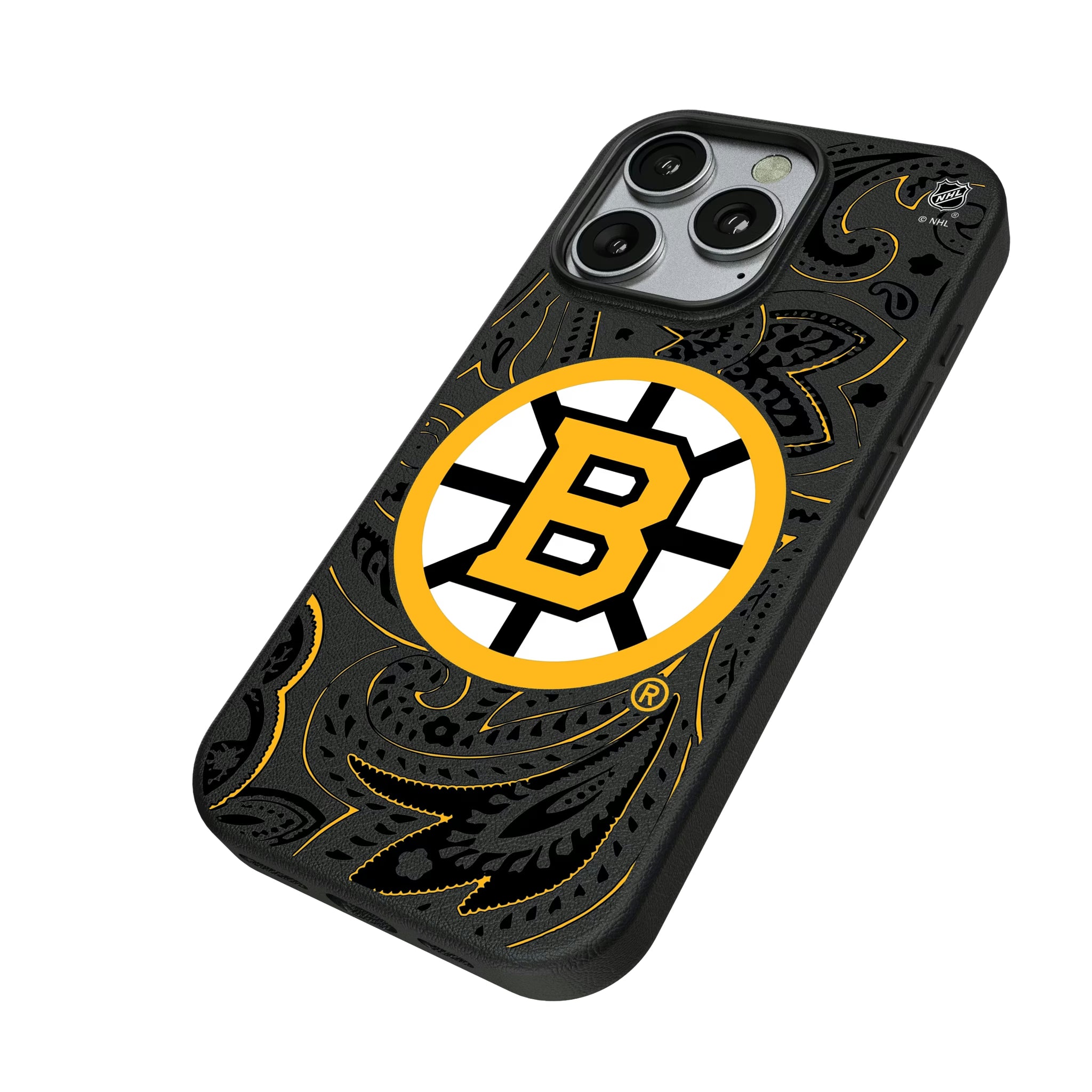 Boston Bruins Paisley iPhone MagSafe Compatible Phone Case for Apple iPhone - Isometric View