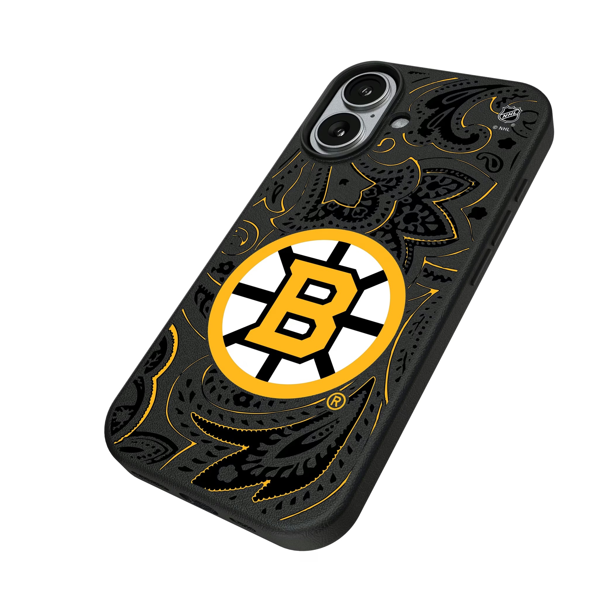 Boston Bruins Paisley iPhone MagSafe Compatible Phone Case for Apple iPhone - Isometric View#Device_iPhone 17