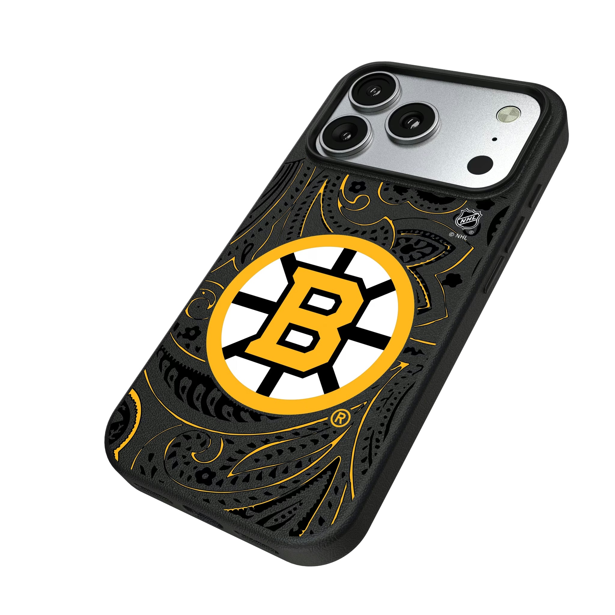 Boston Bruins Paisley iPhone MagSafe Compatible Phone Case for Apple iPhone - Isometric View#Device_iPhone 17 Pro