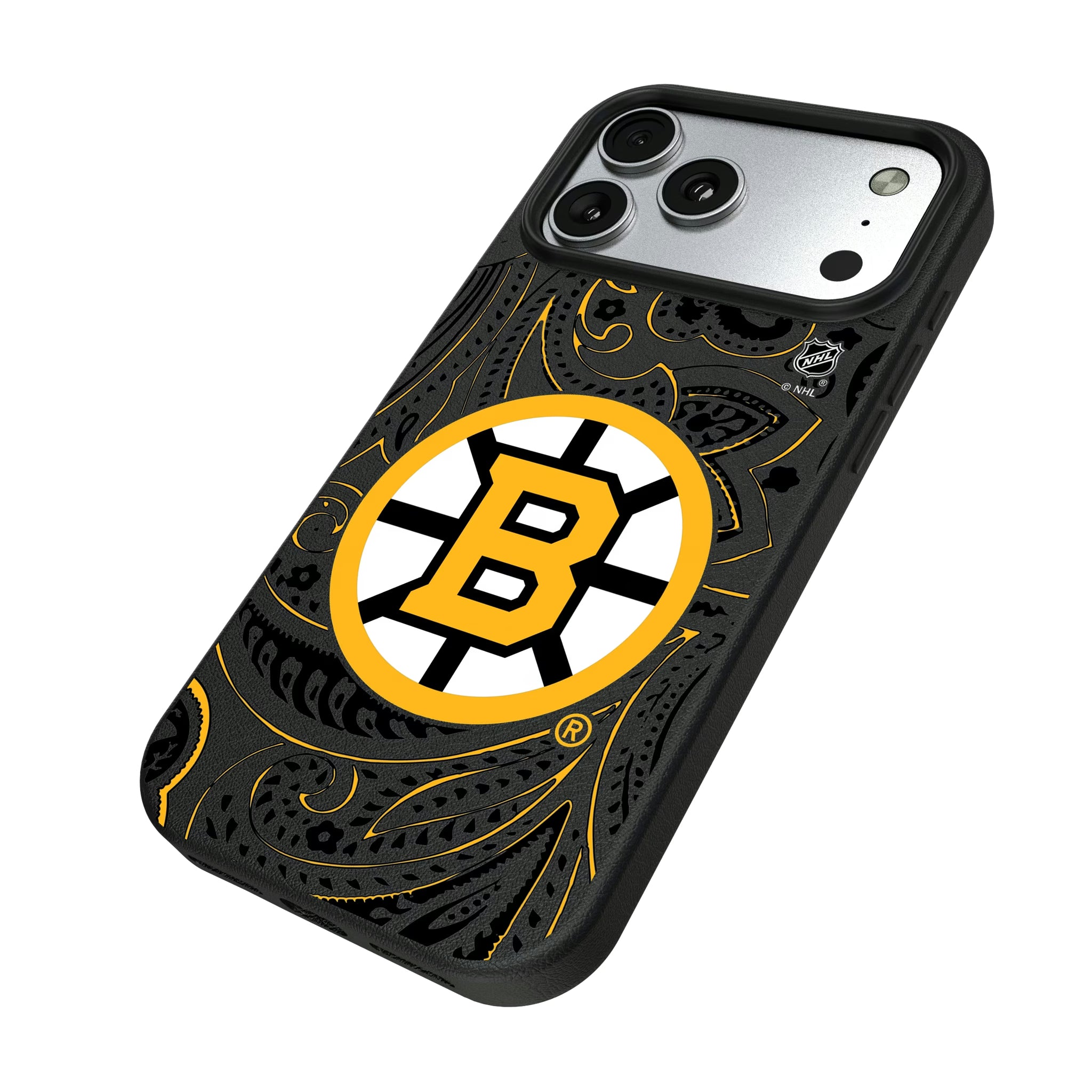 Boston Bruins Paisley iPhone MagSafe Compatible Phone Case for Apple iPhone - Isometric View#Device_iPhone 17 Pro Max