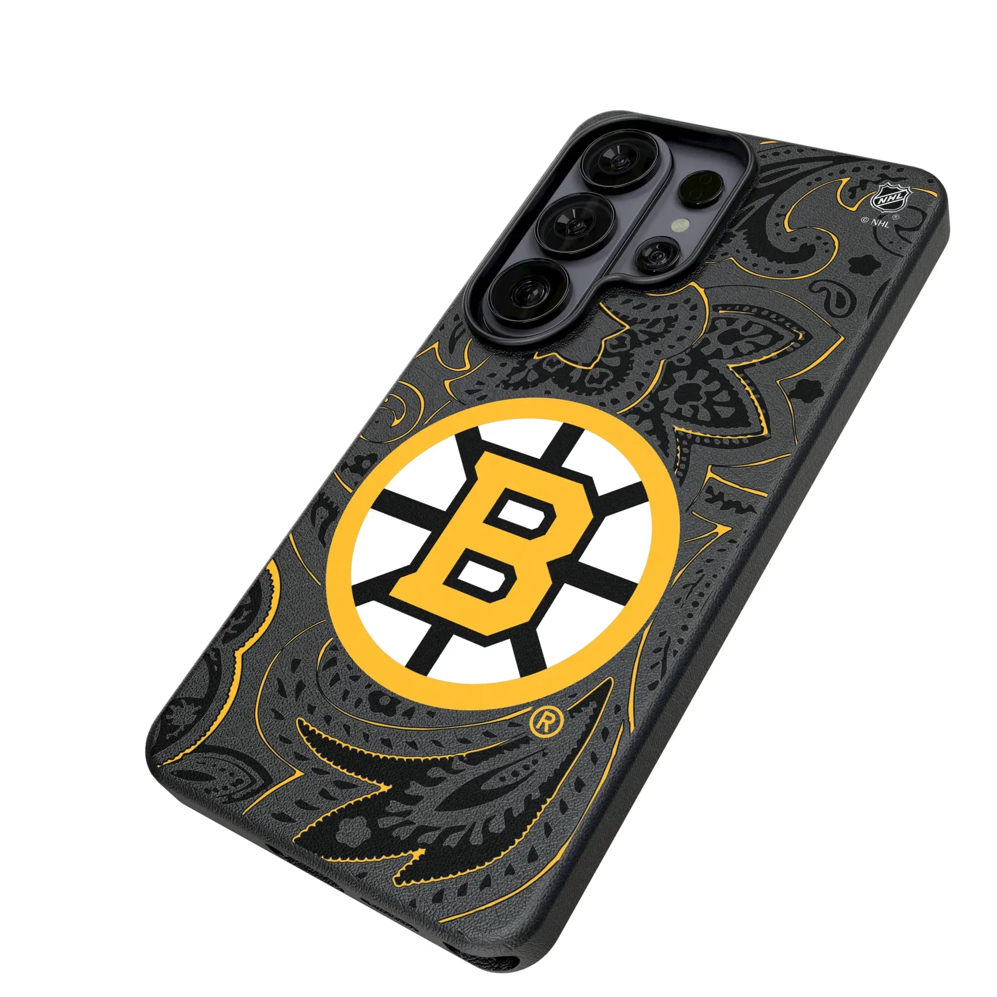 Boston Bruins Paisley Galaxy MagSafe Compatible Phone Case for Samsung Galaxy - Isometric View#Device_Galaxy S26 Ultra
