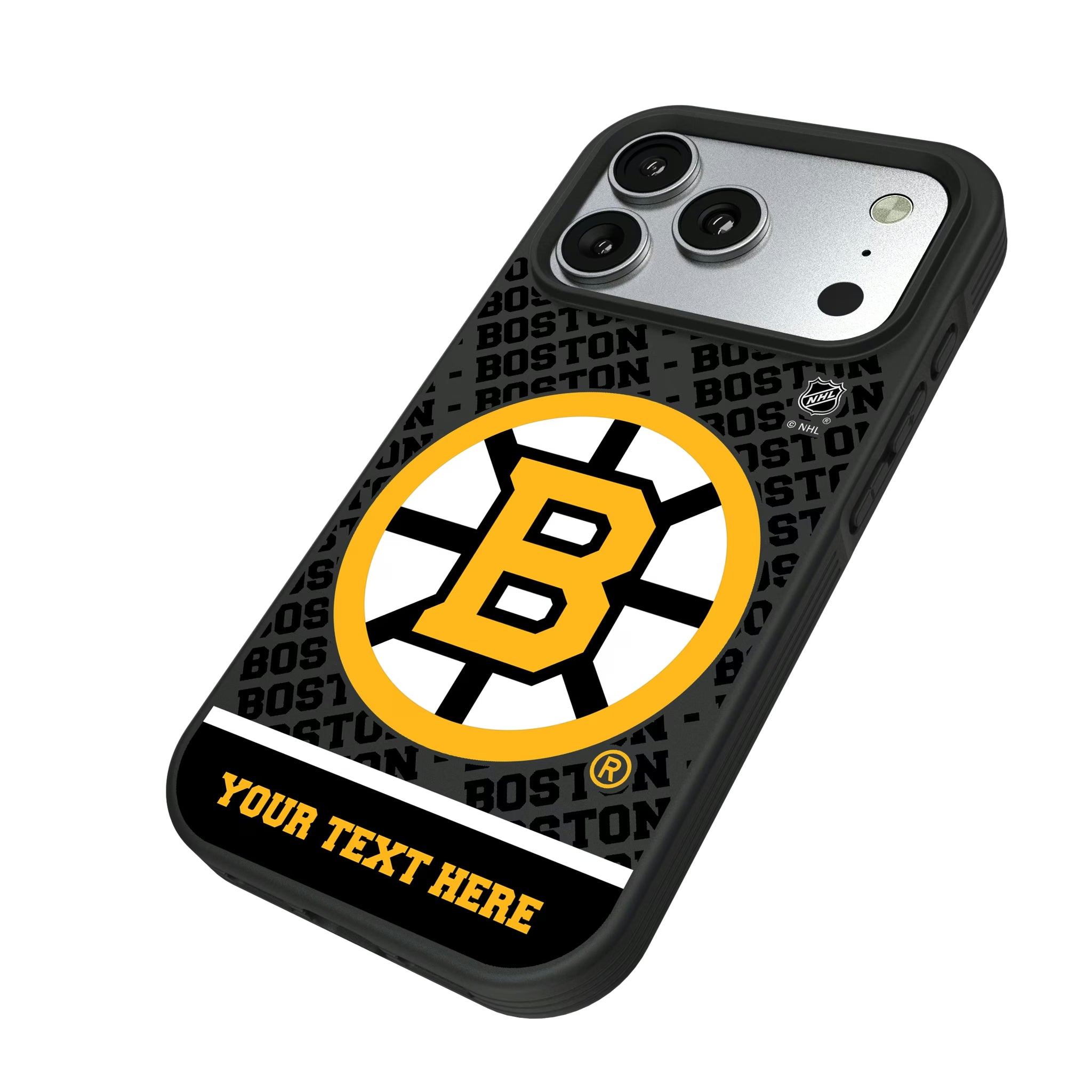 Boston Bruins Personalized EndZone Plus iPhone Bump Phone Case for Apple iPhone - Isometric View#Device_iPhone 17 Pro