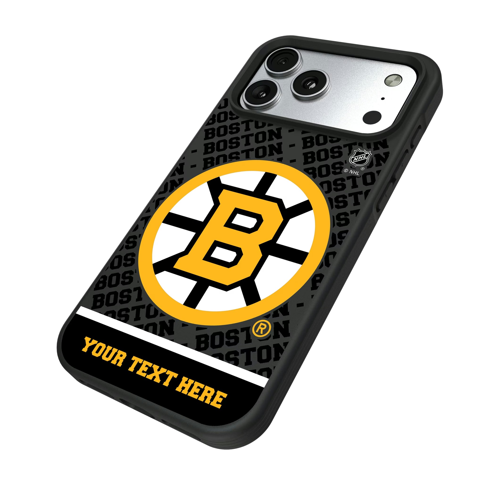 Boston Bruins Personalized EndZone Plus iPhone Bump Phone Case for Apple iPhone - Isometric View#Device_iPhone 17 Pro Max