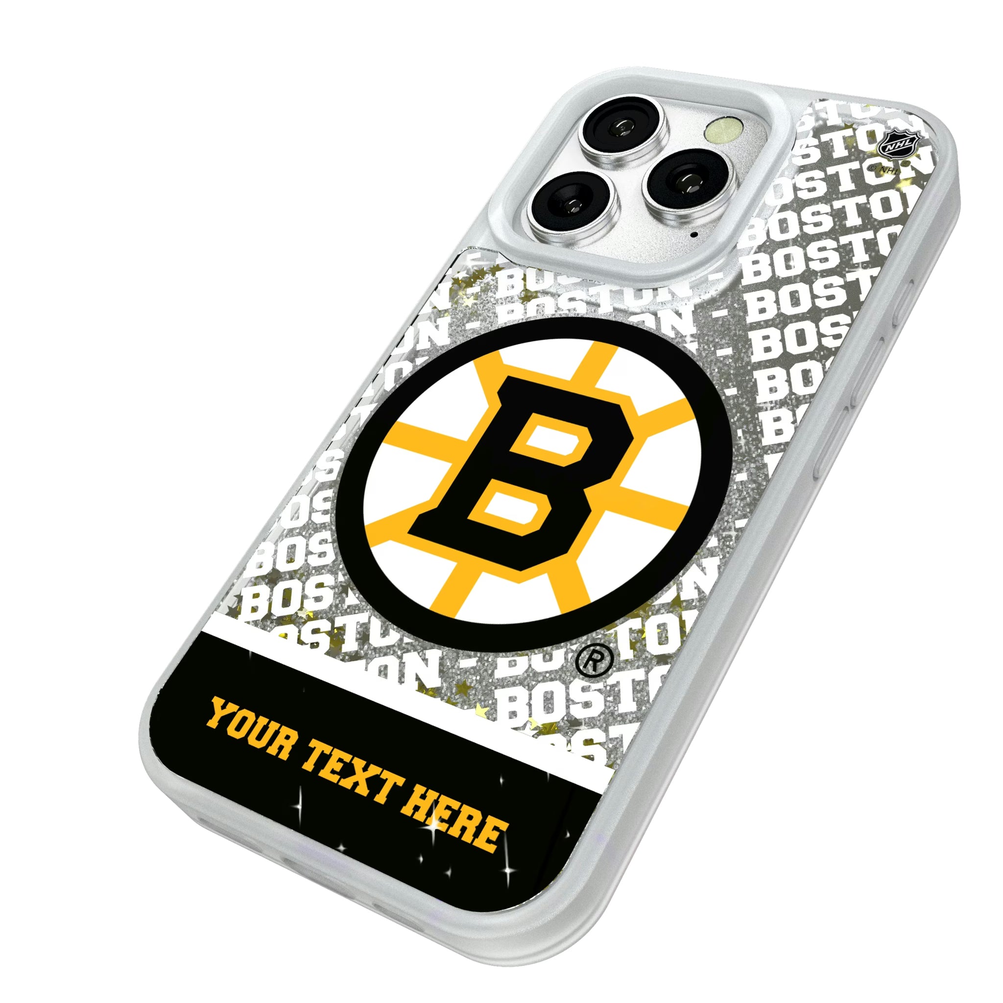 Boston Bruins Personalized EndZone Plus iPhone Glitter Phone Case for Apple iPhone - Isometric View#Device_iPhone 16 Pro
