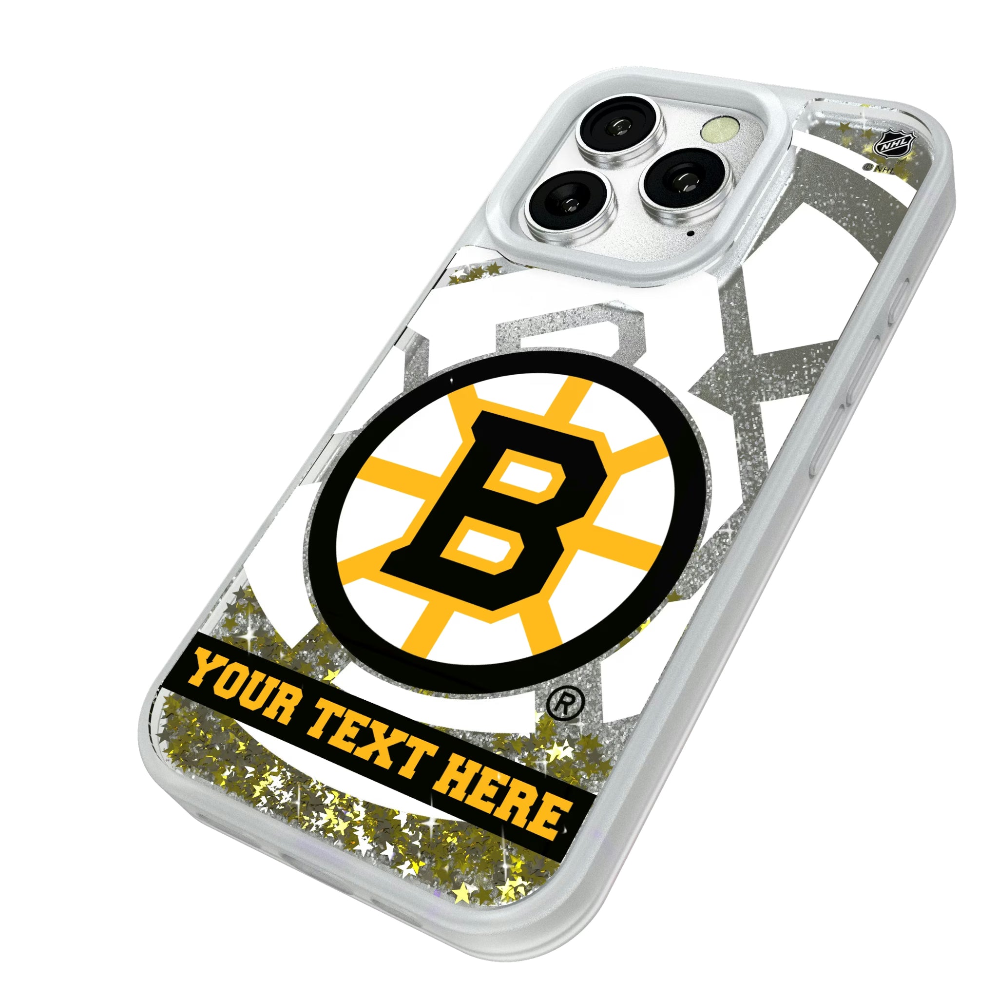 Boston Bruins Personalized Tilt iPhone Glitter Phone Case for Apple iPhone - Isometric View#Device_iPhone 16 Pro