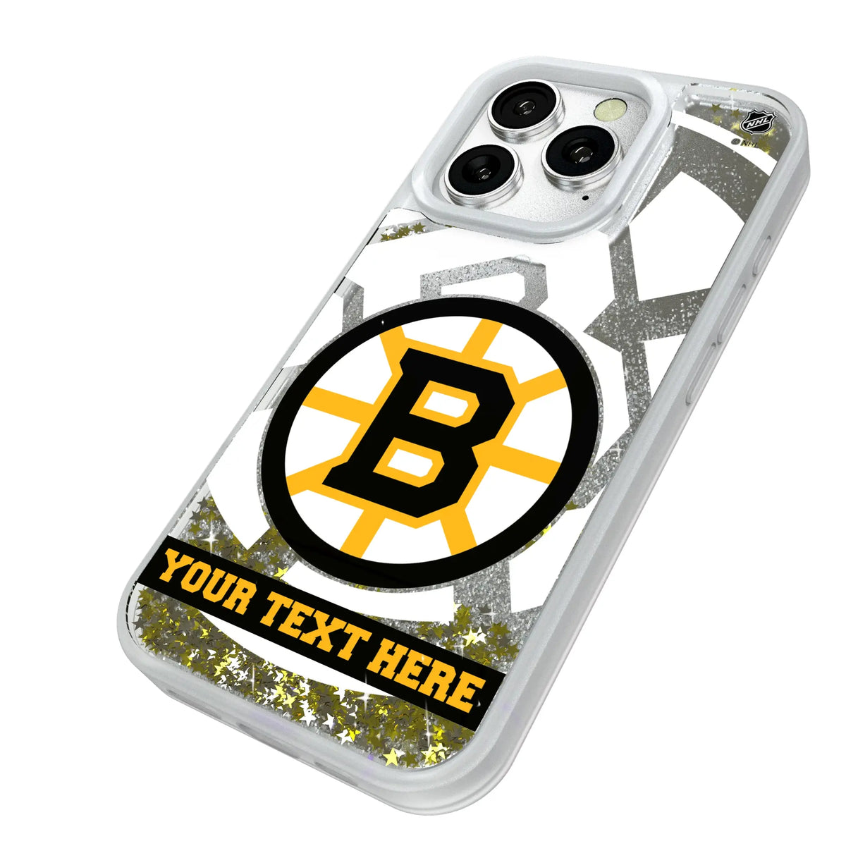 Boston Bruins Personalized Tilt iPhone Glitter Phone Case for Apple iPhone - Isometric View#Device_iPhone 16 Pro