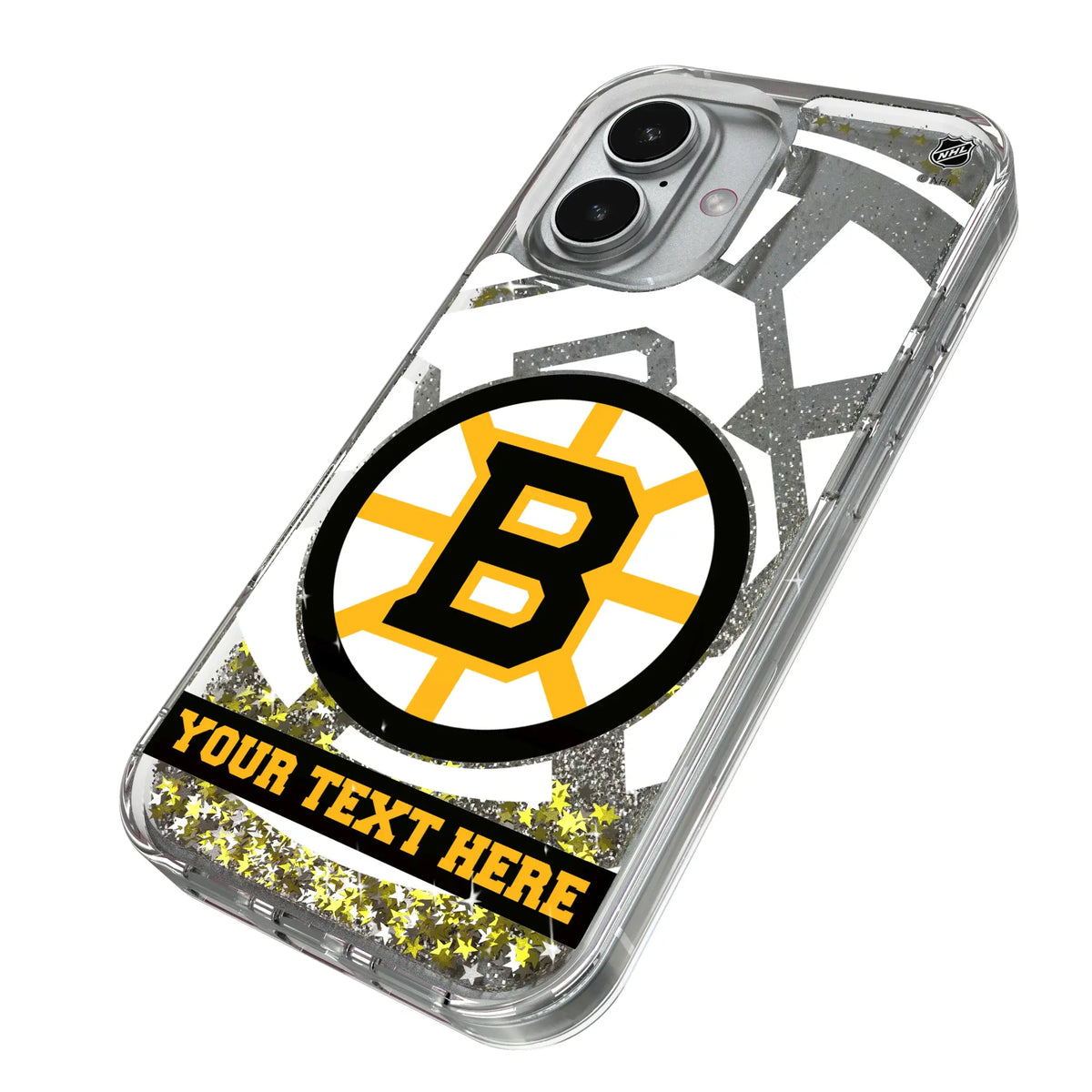 Boston Bruins Personalized Tilt iPhone Glitter Phone Case for Apple iPhone - Isometric View#Device_iPhone 17