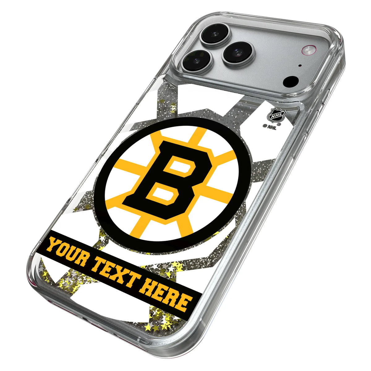 Boston Bruins Personalized Tilt iPhone Glitter Phone Case for Apple iPhone - Isometric View#Device_iPhone 17 Pro Max