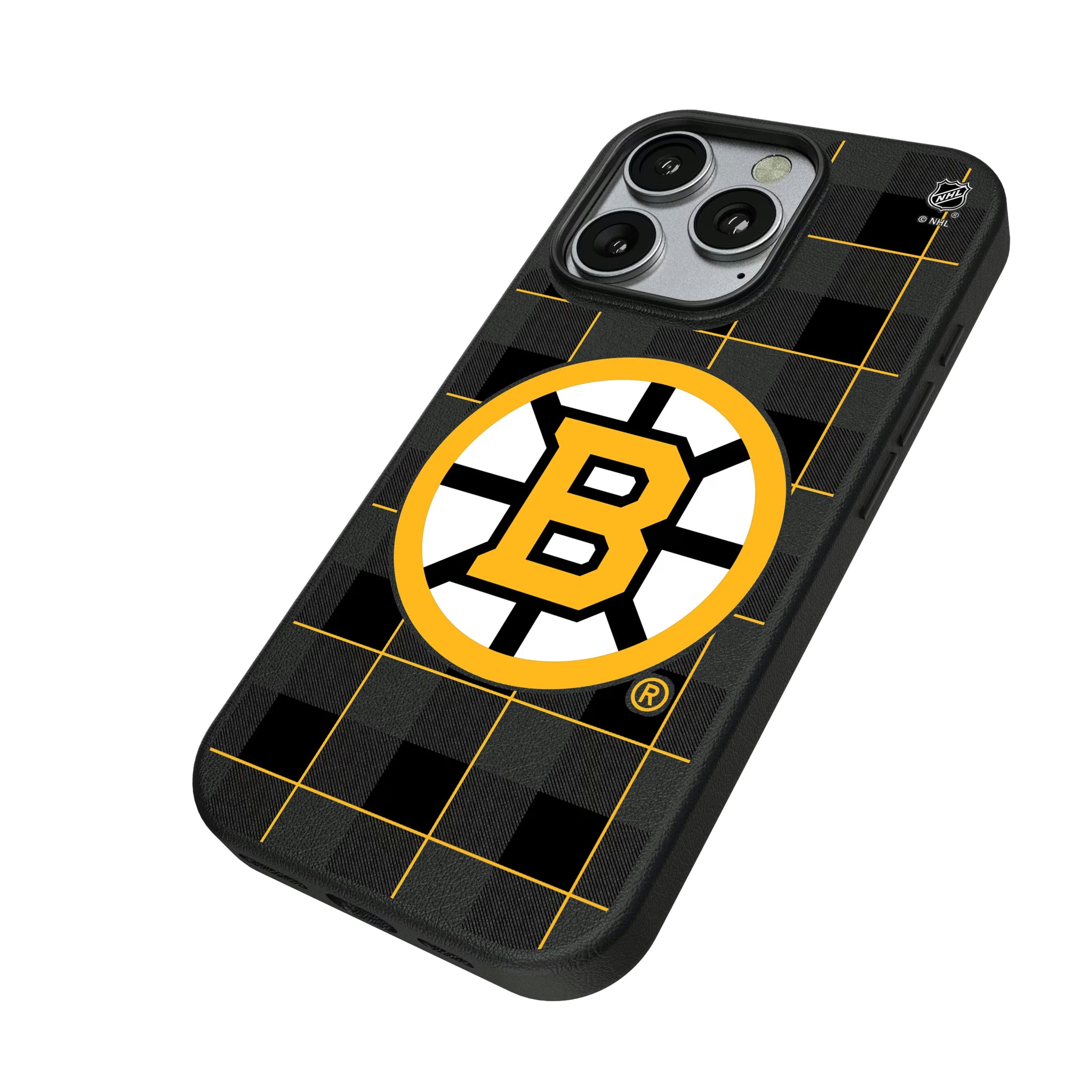 Boston Bruins Plaid iPhone MagSafe Compatible Phone Case for Apple iPhone - Isometric View
