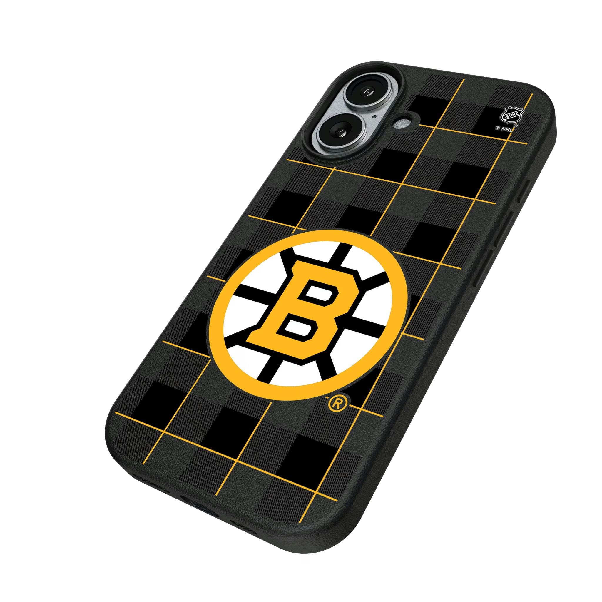 Boston Bruins Plaid iPhone MagSafe Compatible Phone Case for Apple iPhone - Isometric View#Device_iPhone 17