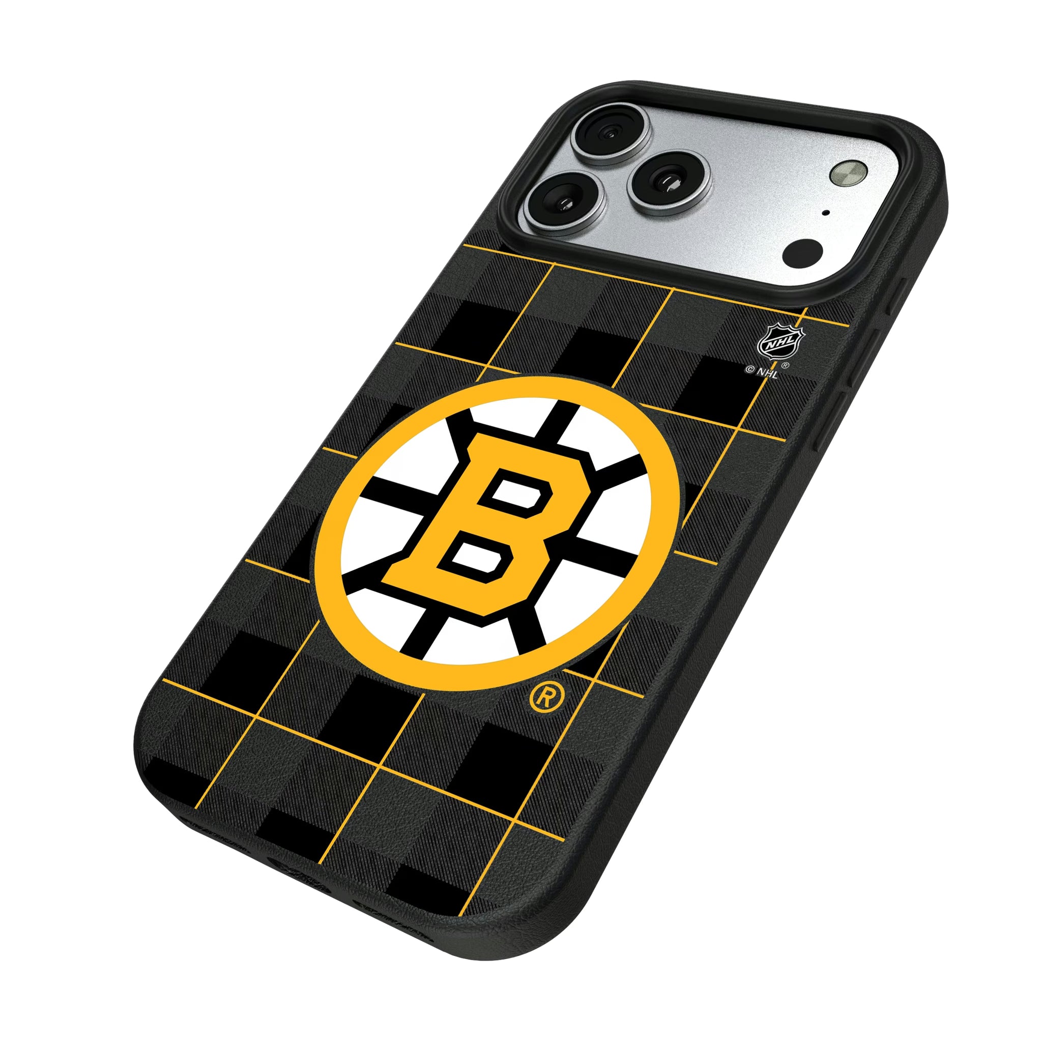 Boston Bruins Plaid iPhone MagSafe Compatible Phone Case for Apple iPhone - Isometric View#Device_iPhone 17 Pro Max