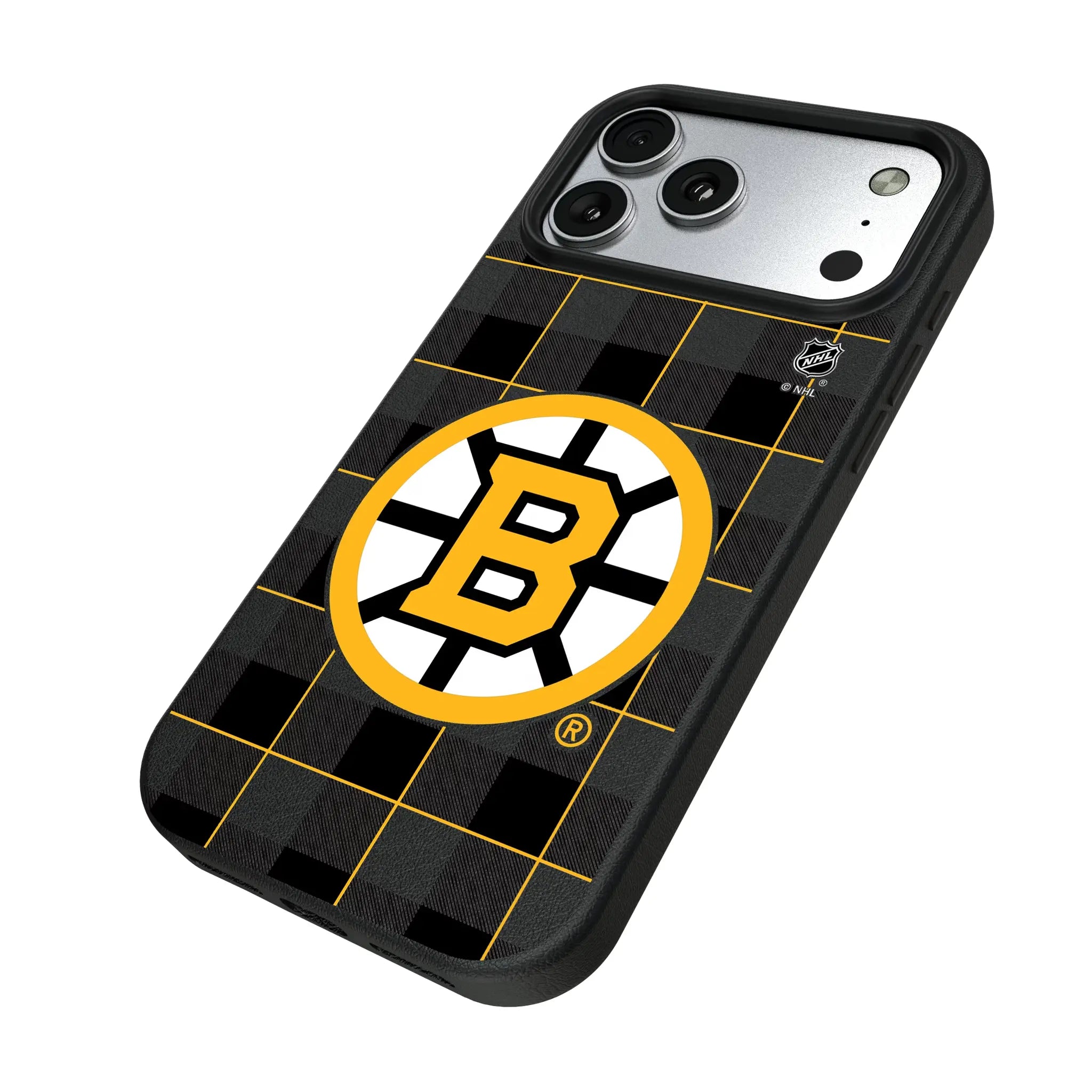 Boston Bruins Plaid iPhone MagSafe Compatible Phone Case for Apple iPhone - Isometric View#Device_iPhone 17 Pro Max