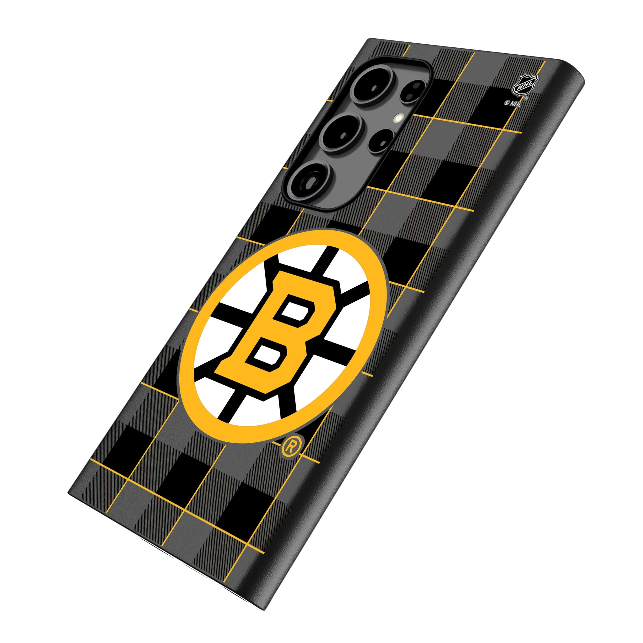 Boston Bruins Plaid Galaxy MagSafe Compatible Phone Case for Samsung Galaxy - Isometric View