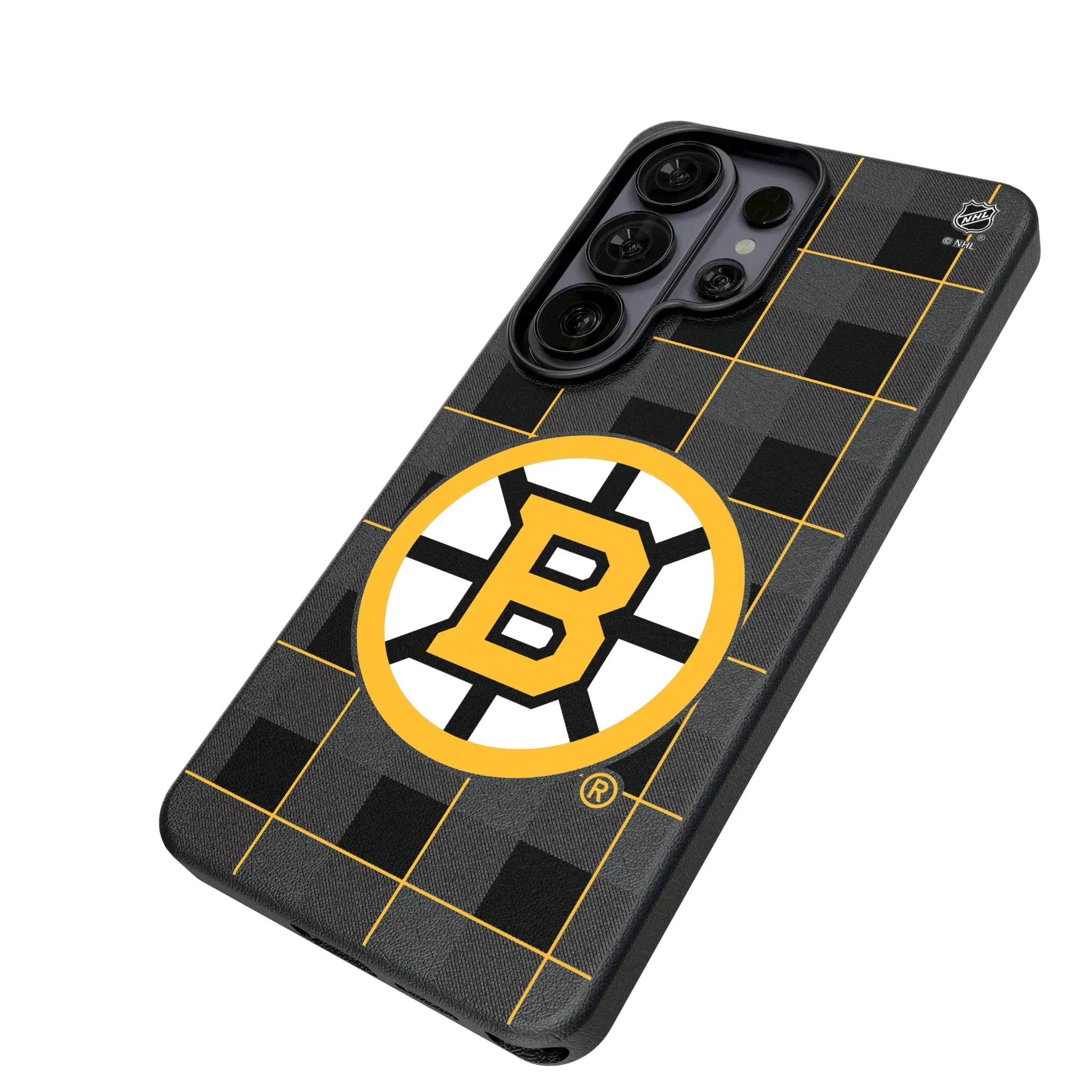 Boston Bruins Plaid Galaxy MagSafe Compatible Phone Case for Samsung Galaxy - Isometric View#Device_Galaxy S26 Ultra